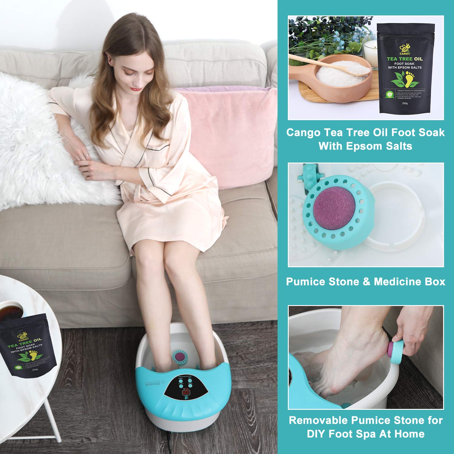 Foot Spa Bath Massager with Heat Bubbles and Vibration Massage and Jets, Tea Tree Oil Foot Soak Epsom Salt, Cango Foot Soaker With 14 Massage Rollers, Adjustable Temperature, Pumice Stone Medicine Box : Beauty & Personal Care