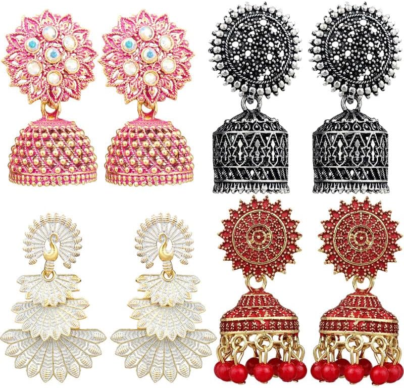 Fashion Frill Multicolor Oxidised Earrings Jhumka Set For Women Girls Stylish Traditional Pearl Small Jhumki Earings Pair Combo Of 4