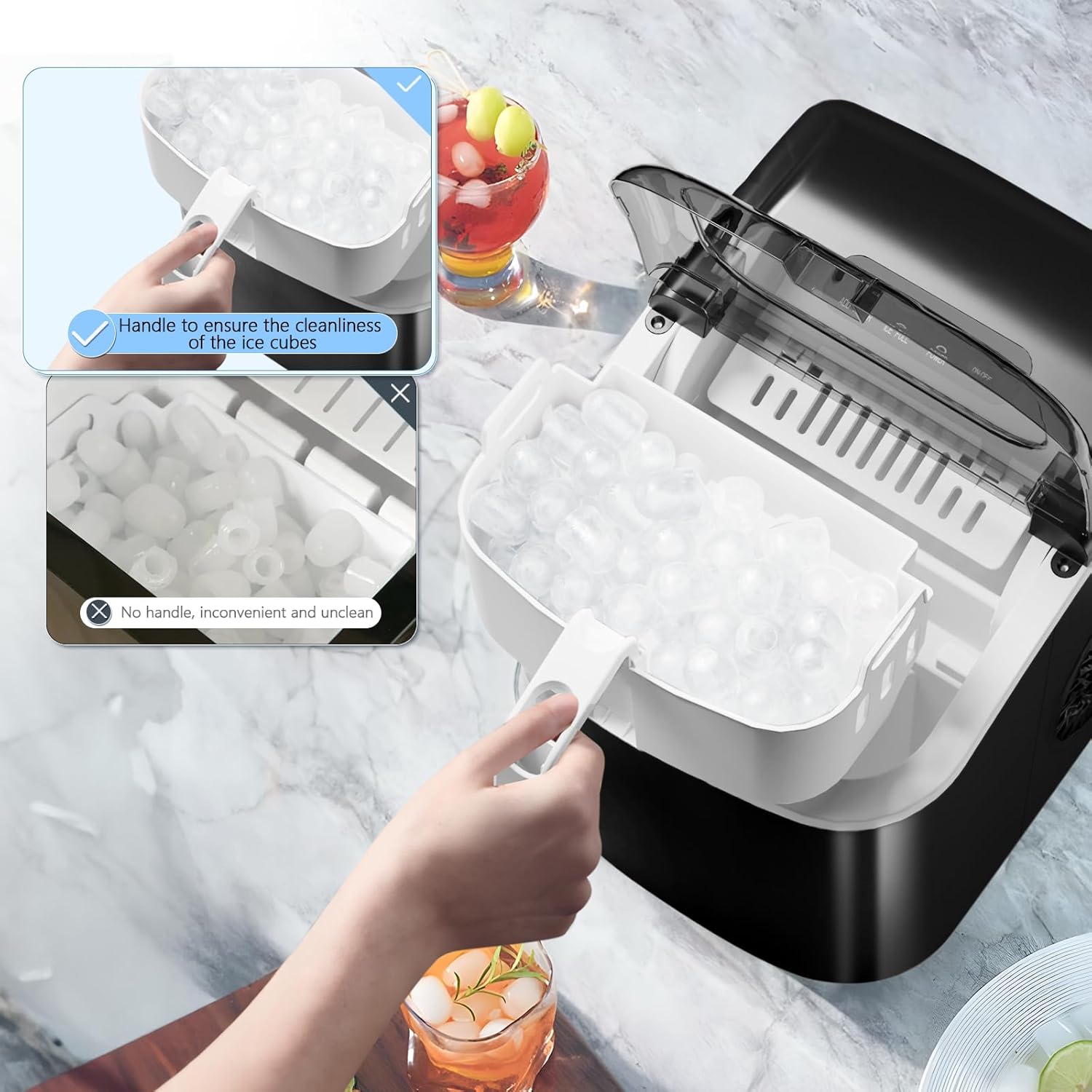 Antarctic Star Countertop Ice Maker Portable Ice Machine, Basket Handle,Self-Cleaning Ice Makers, 26Lbs/24H, 9 Ice Cubes Ready in 6 Mins, for Home Kitchen Bar Party (Black)