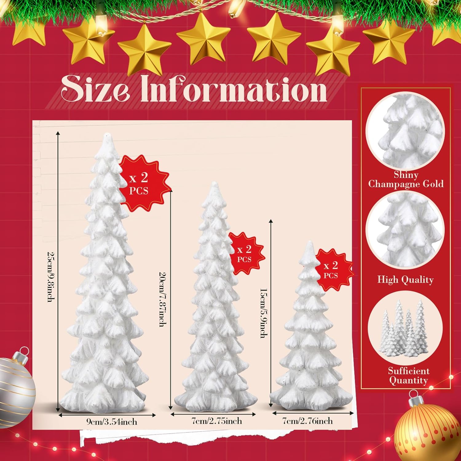 Geetery 6 Pieces White Christmas Tree Figurines 10''/8''/6'' Glittered Christmas Trees Resin Rustic Xmas Table Top Decorations for Tabletop Mantel Shelf Centerpieces Decor