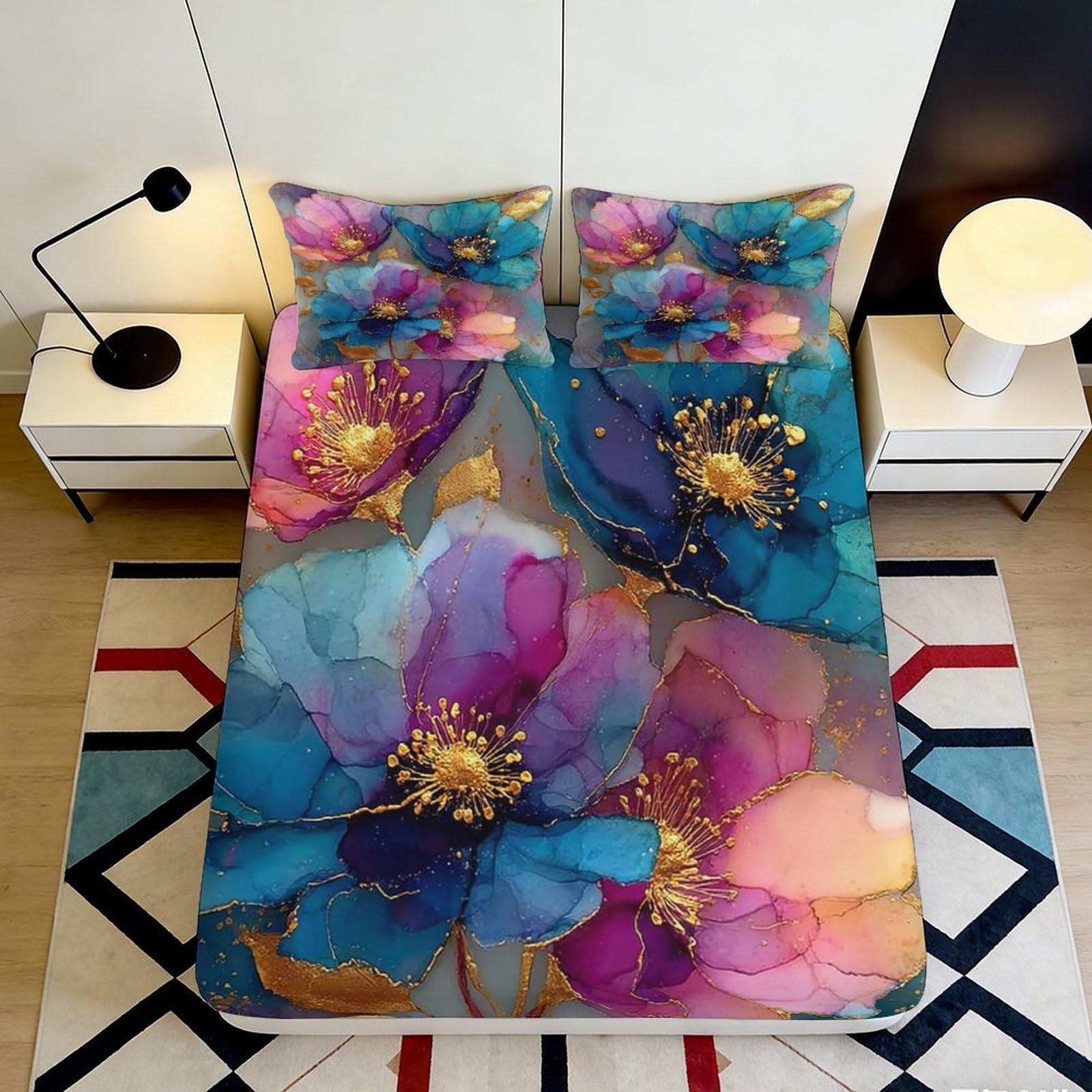 C8q5l1t3 Style-2 3D Printed Floral Fitted Sheet Microfiber Deep Pocket Non-Slip Floral Mattress Fitted Cover Elastic Hem Bedroom Bedding For Adults Washable 90X200x25cm