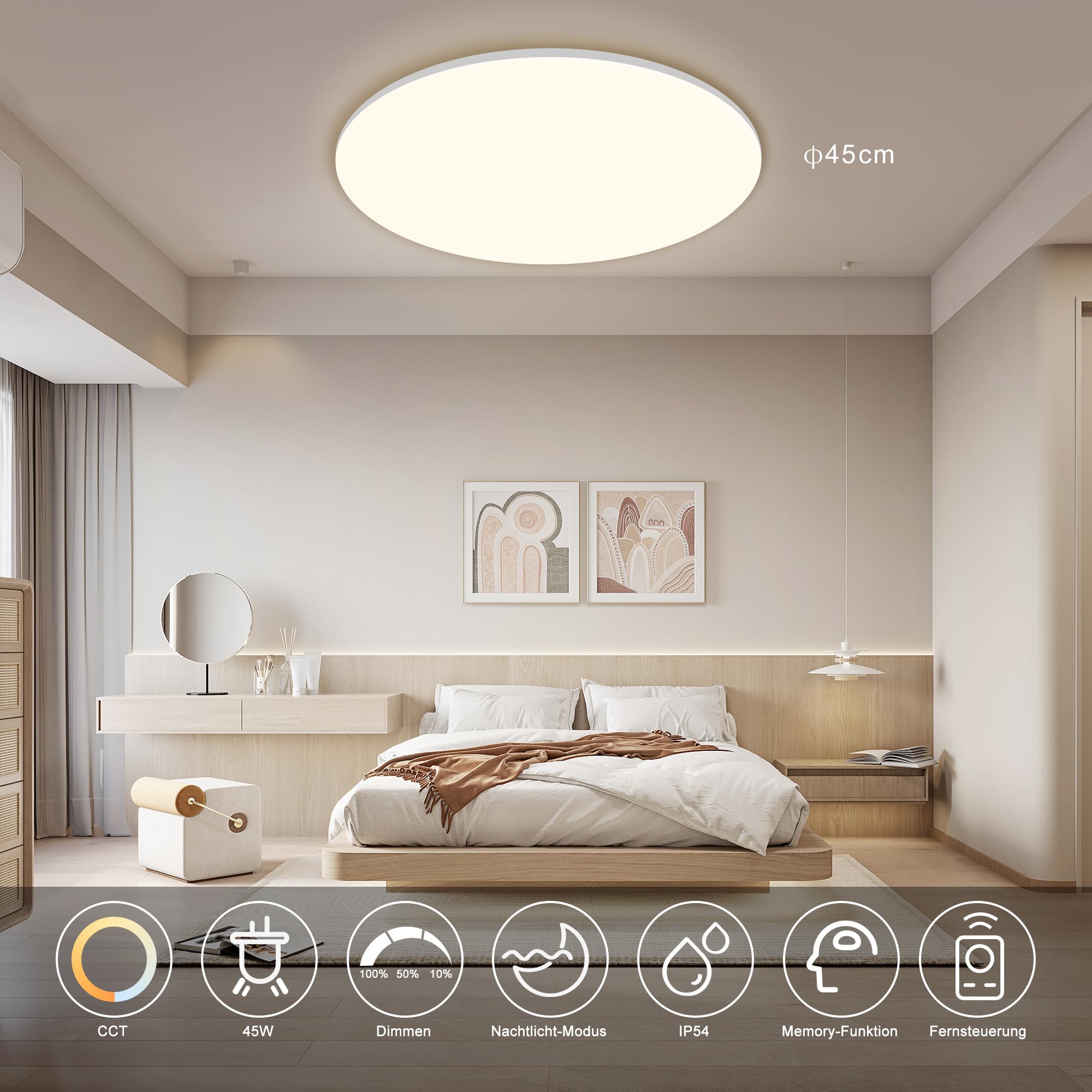 ONDTA LED Deckenleuchte Dimmbar 45W, 2700K-6500K Deckenlampe mit Fernbedienung, IP54 Rund Badezimmer Lampe, 5300LM Memory-funktion LED Panel für Wohnzimmer Schlafzimmer Küche Badezimmer, Ø45cm