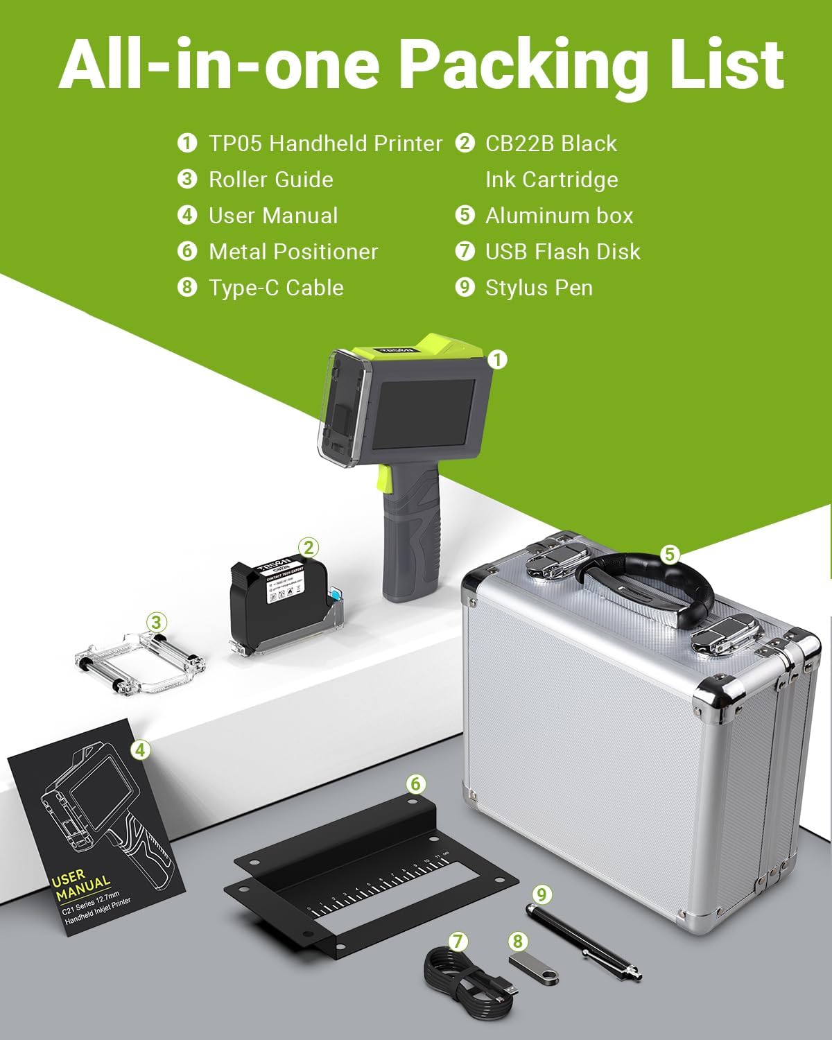 TESEN 2025 New Upgrade Handheld Inkjet Printer with 1/2 Inch (12.7mm) Printhead for Date Time Logo Batch Number QR Code Barcode Quick Drying Printing on Plastic Wood Carboard Metal Glass and More