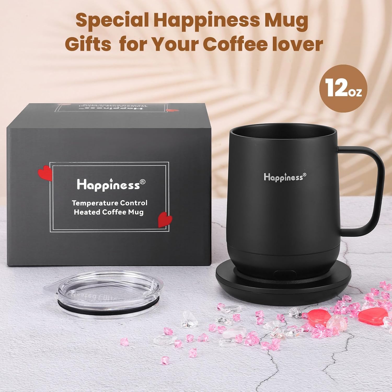Happiness Smart Heated Coffee Mug,12oz Rechargeable Electric Self Heating Temperature Control Coffee Cup,Gifts for Mom Dad Grandma Wife