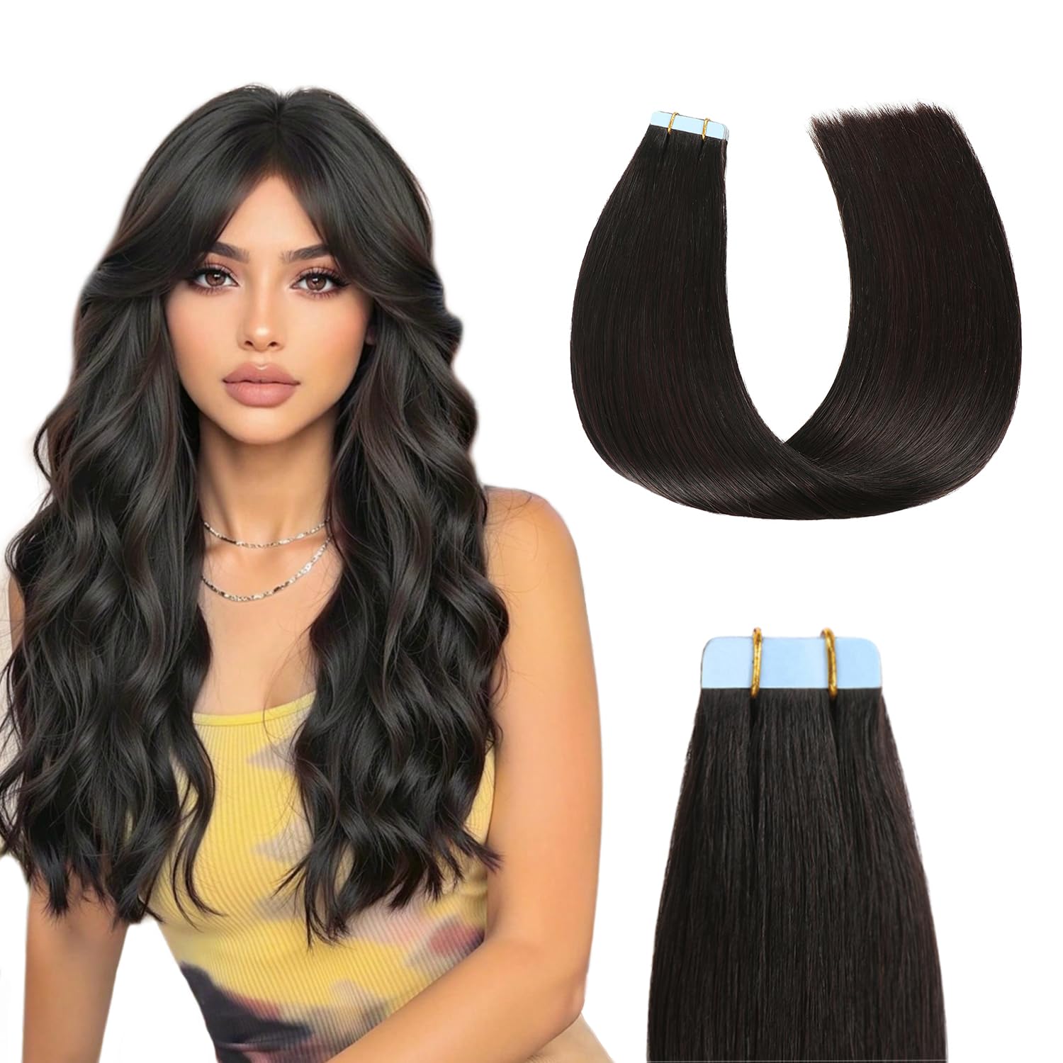 Sunya Tape in Hair Extensions Human Hair 22 Inch Straight Remy Human Hair Tape in Extensions Seamless Skin Weft Natural Black Tape in Hair Extensions