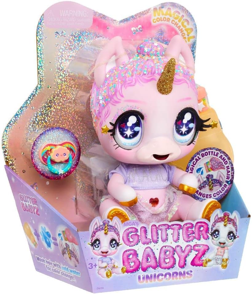 MGA Entertainment Glitter Babyz Jewels Daydreamer Unicorn Baby Doll with Magical Color Changes, Lavender Glitter Hair, “Magic” Outfit, Diaper, Shampoo Bottle, Pacifier Accessories Gift, Ages 3 4 5+