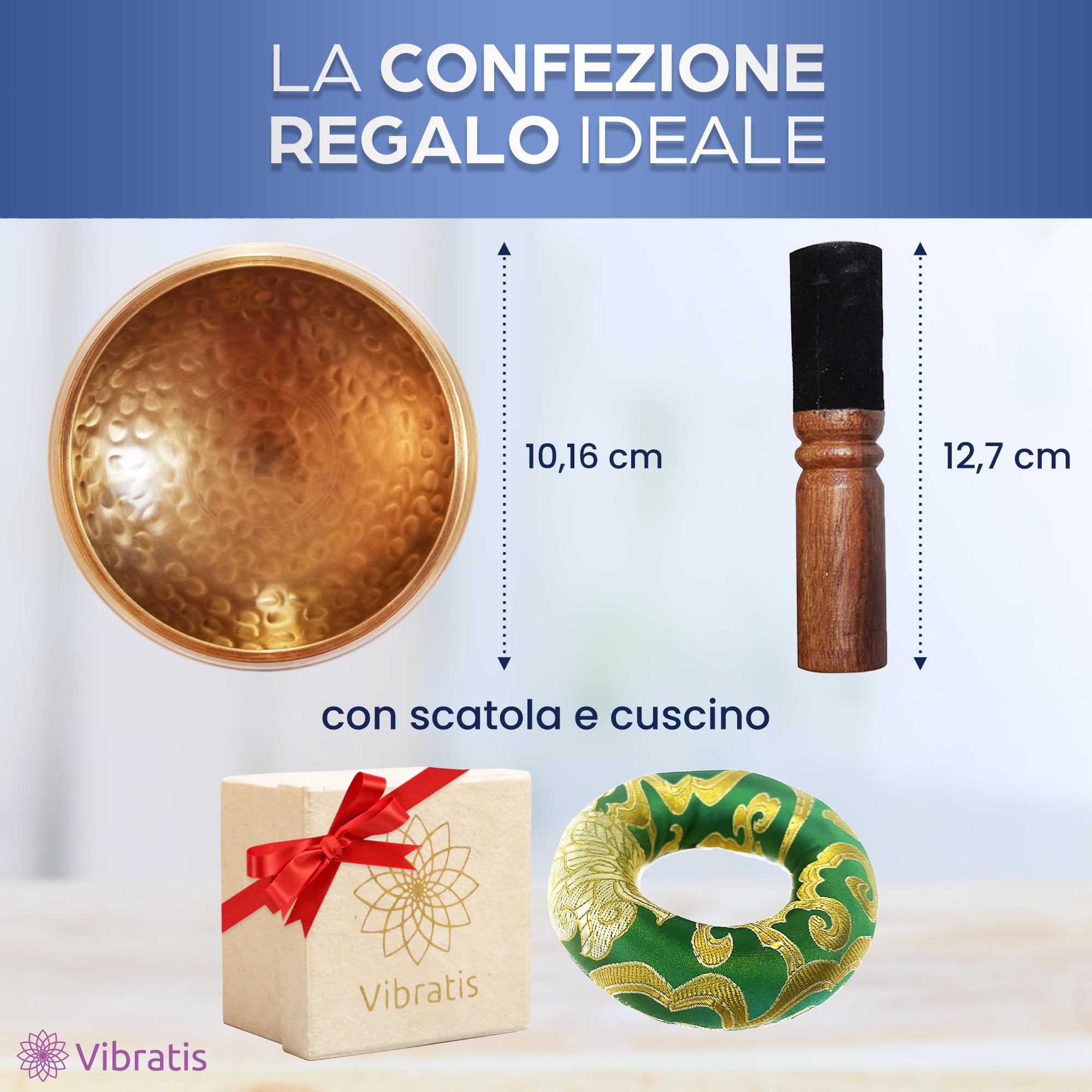 Campana Tibetana Artigianale + ebook - Fatta a Mano in Nepal - Cuscino, Mazzuolo di Legno, Scatola di Lokta - Meditazione - Rilassamento - Guarigione - Regalo Perfetto - Soddisfatti o Rimborsati Oro