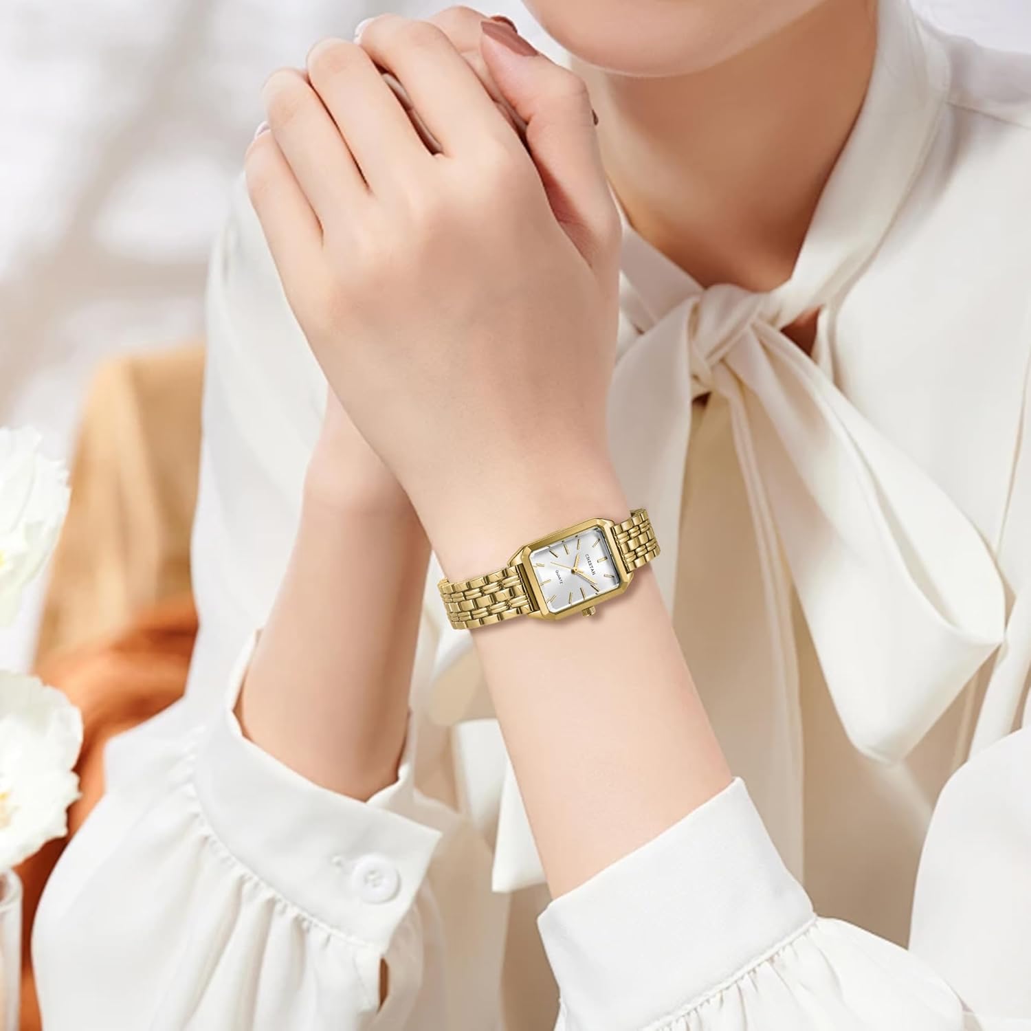 CHEETAH Women's Gold-Tone Dainty Watch, Retro Style Rectangular Case and Stainless Steel Band, Gift for Her - Image 6