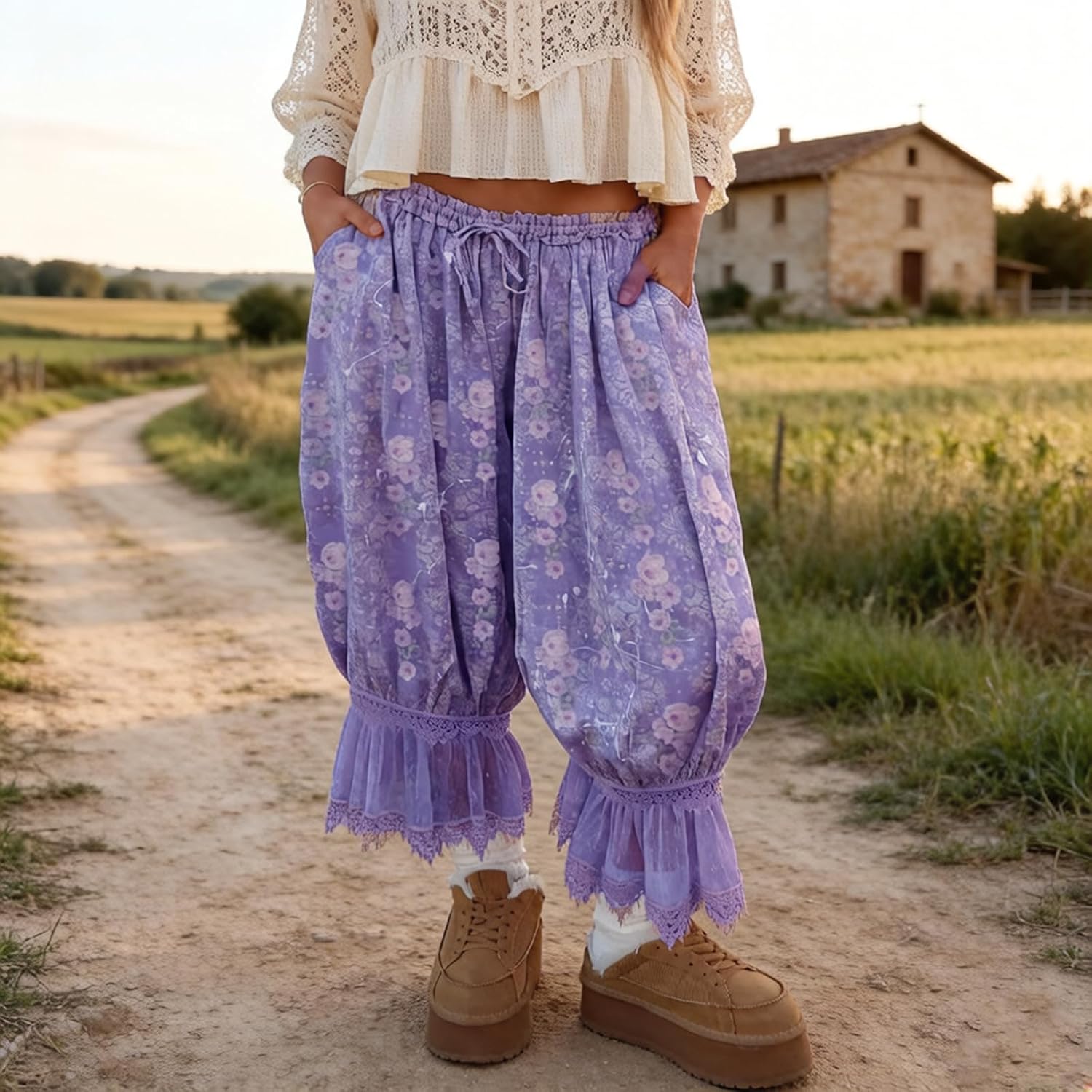 Women Lace Trim Bloomer Ruffle Elastic Waist Cropped Pettipants Pjs Bottoms