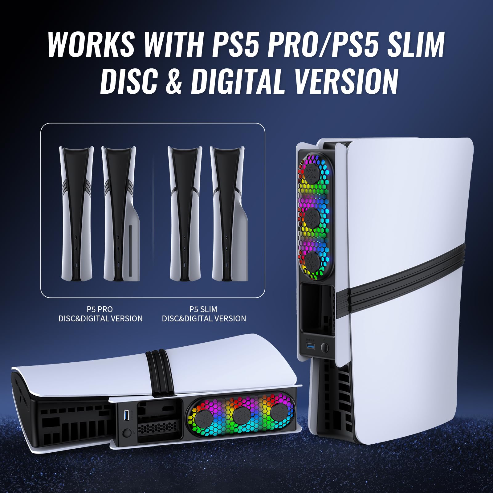 Lüfter für PS5 Pro/schlanke Konsole – Hochgeschwindigkeitskühlung mit automatischer Temperaturregelung, geräuscharm, RGB-Beleuchtung und USB-3.0-Anschluss für Gamer und