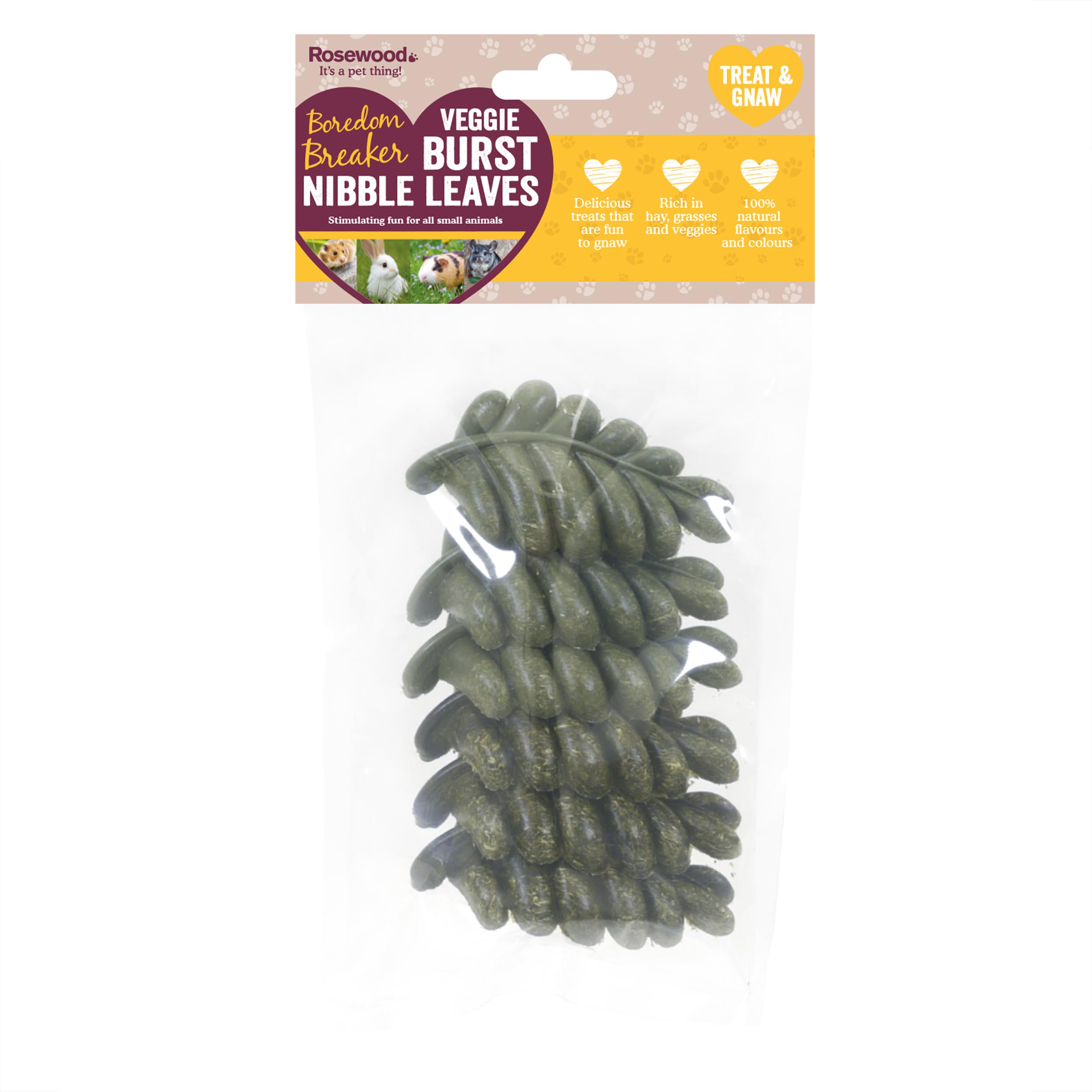 Veggie Burst Nibble Leaves - Treat and Gnaw, Made with Natural Grasses and Vegetables, Boredom Breaker Treats for Rabbits, Guinea Pigs, Hamsters and all other Small Animals, 6pc