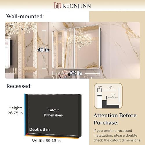 Miniatura 2 de Keonjinn Armarios de medicina de baño cromados de 40 x 32 pulgadas con espejo, estantes ajustables, acero inoxidable, 2 puertas, bisagra de cierre
