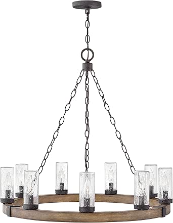 Hinkley Sawyer 30" Nine Light 4W LED Large Outdoor Chandelier, Sequoia/Iron Rust Finish with Clear Seedy Glass