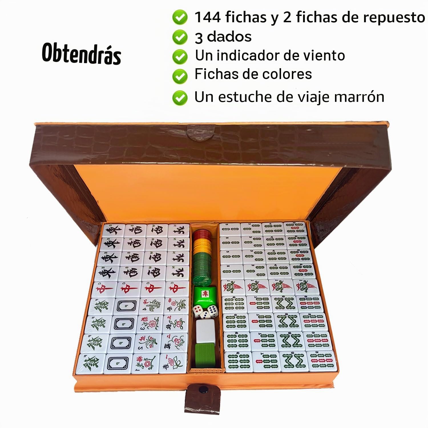Mahjong Set, Juego de Mahjong Chino con Estuche de Viaje de Transporte, 1.5 Pulgadas Grande 144+2 Azulejos con números arábigos, 2 Dados y un indicador de Viento