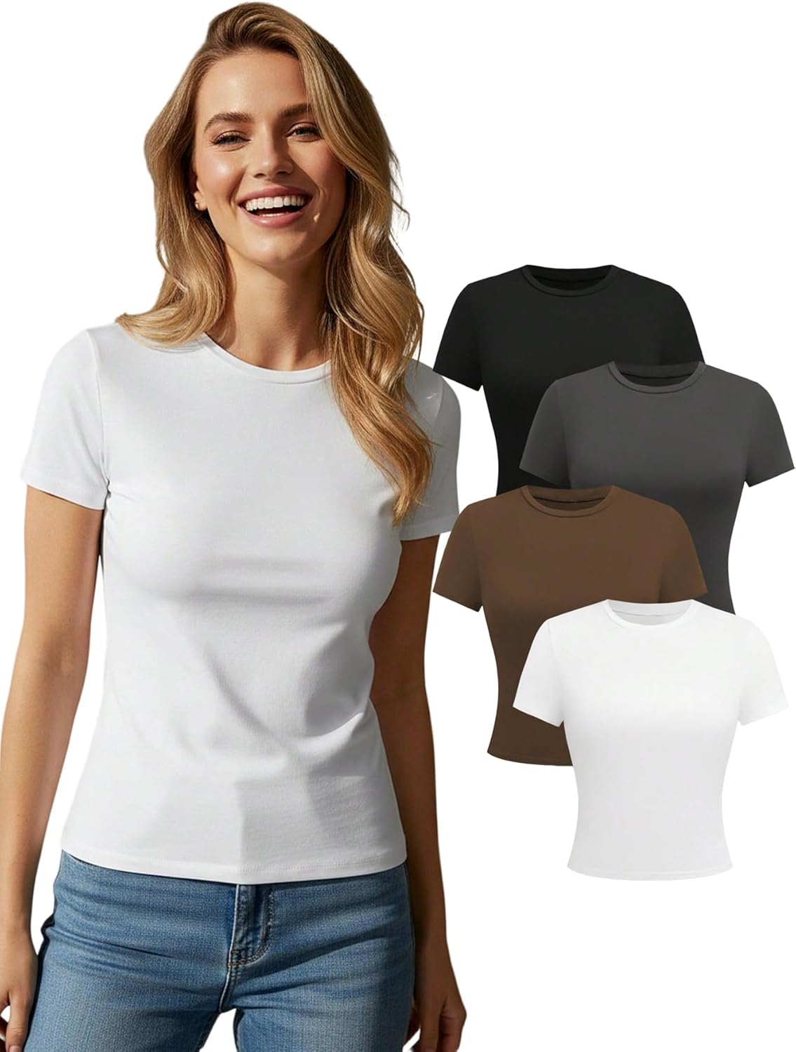 Women's 4 Pack Crop T Shirts Summer Crew Neck Short Sleeve Fitted Basic Tee Tops