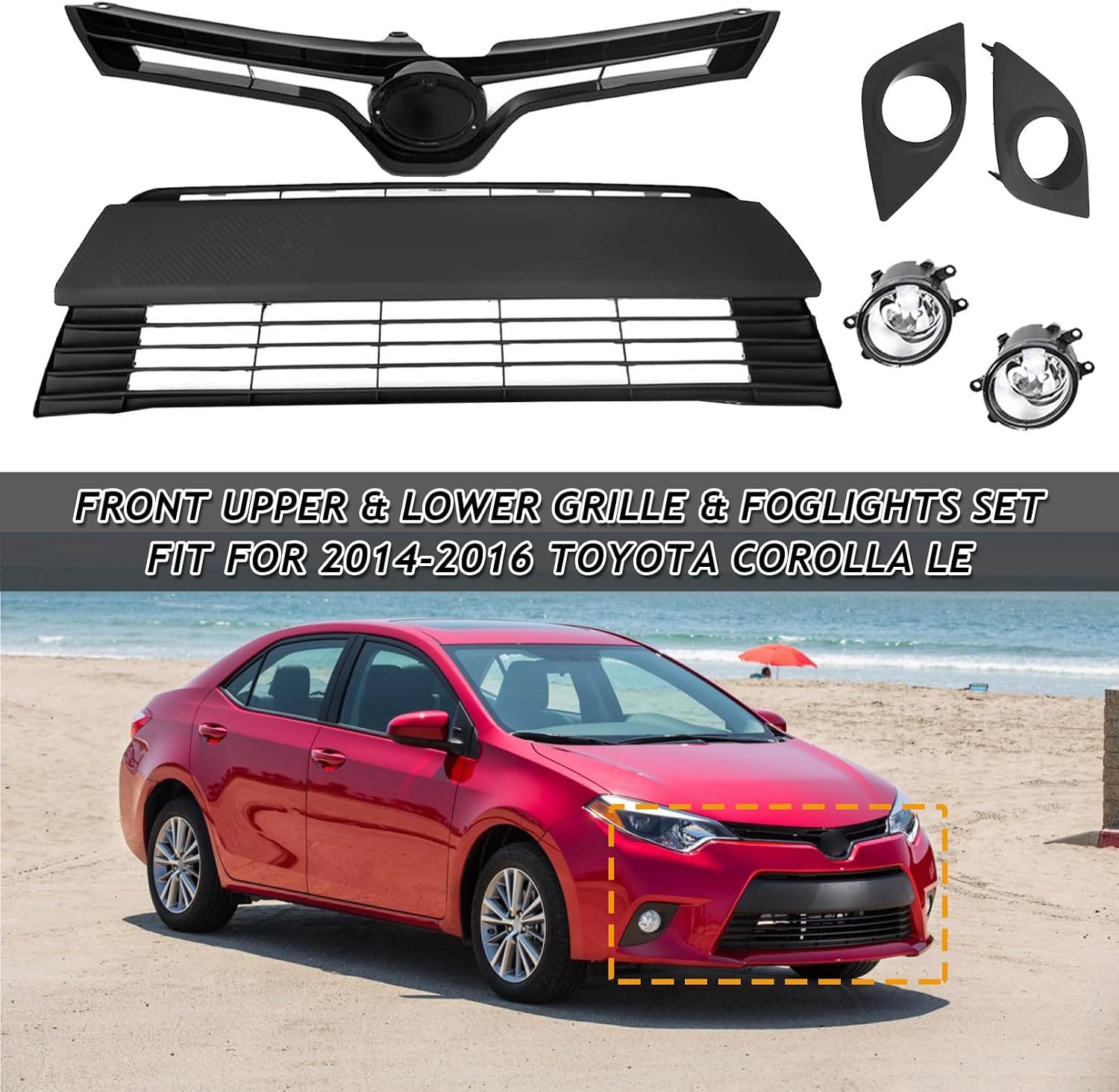 Bewild Front Bumper Upper Lower Grille & Foglights Set Fit For 2014 2015 2016 Toyota Corolla LE CE Front Body Kit Replacement 6pcs Kit
