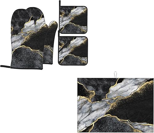 Miniatura 1 de Juego de 4 manoplas de horno y soportes para ollas + tapete de secado de platos para cocina, chef, hornear, cocinar, asar a la parrilla, mármol negro