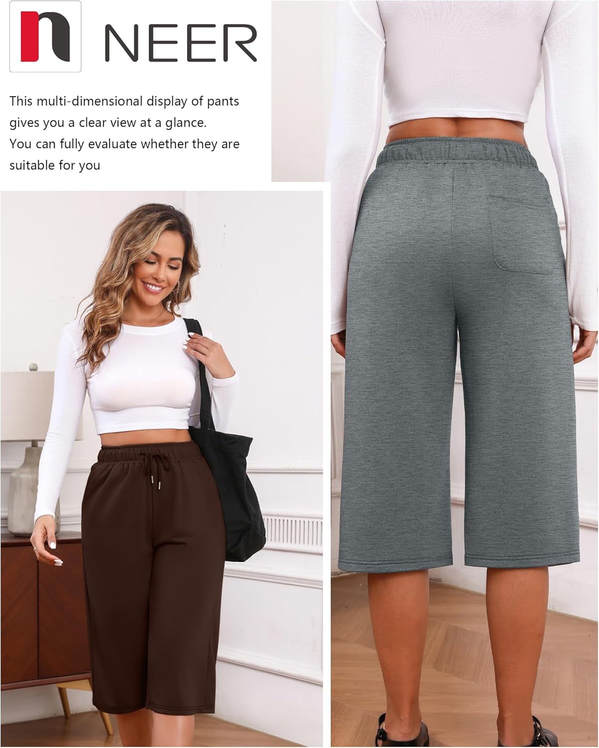 Neer 3 Pack Women's Capri Pants, Drawstring Wide Leg Crop Lounge Sweatpants Summer Yoga Casual Cropped Pants with Pocket