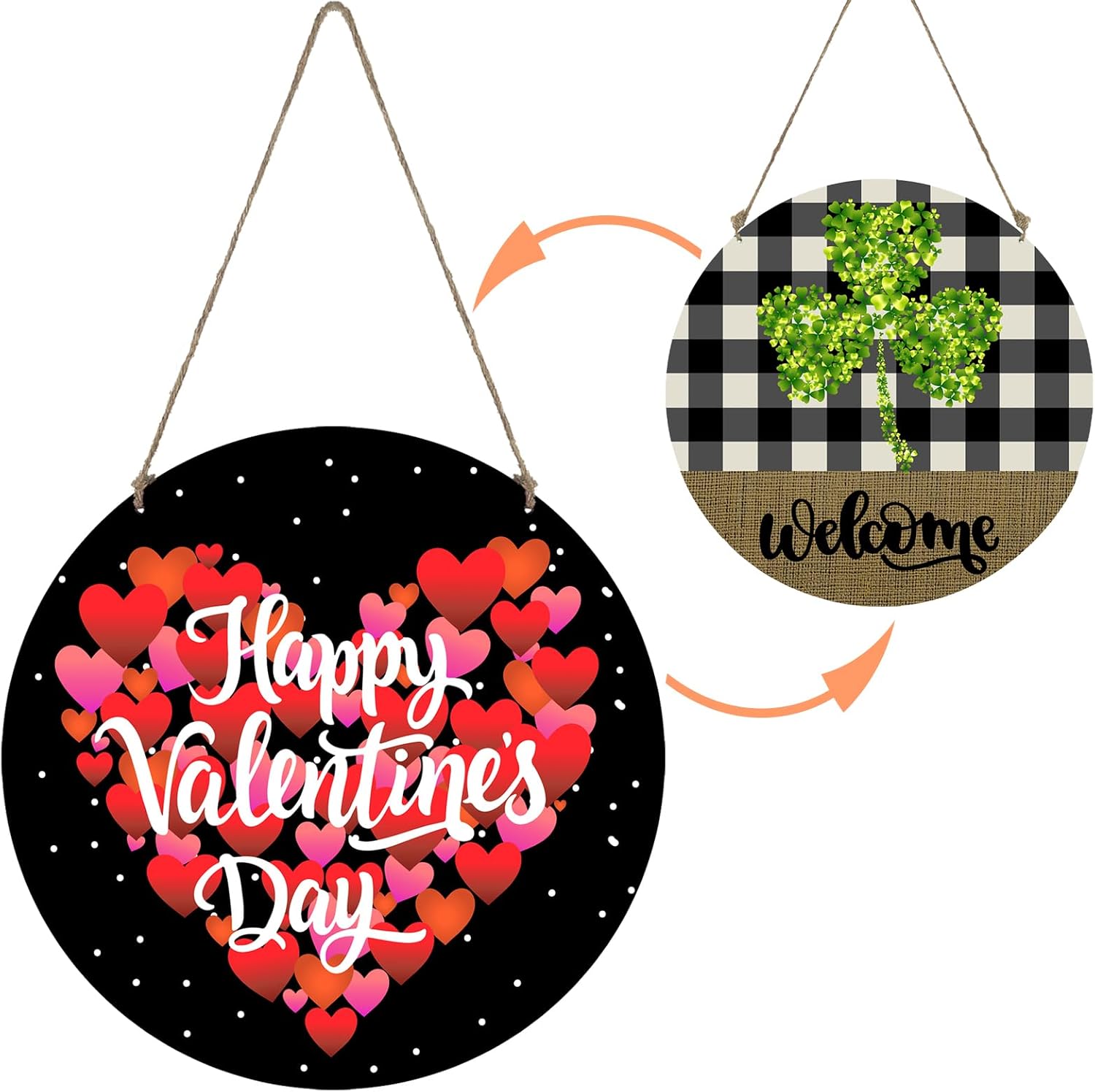 Reversible Valentines Day Door Decorations St Patricks Day Wreath Happy Heart Wreath Shamrock Hanging Sign Wooden Front Door Hanger for Porch Wall Indoor Home Decor