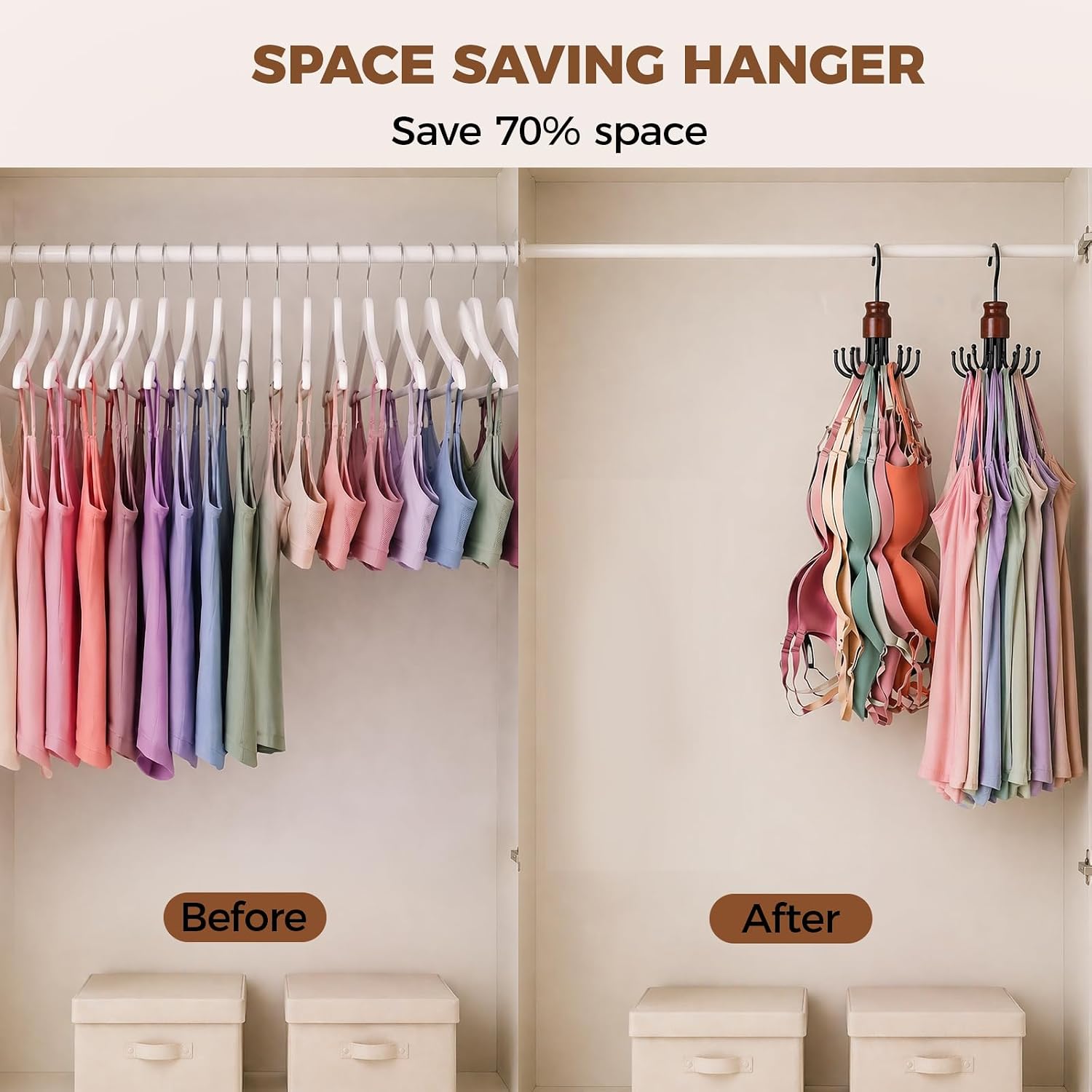 2 Pack Bra Hangers for Closet Organizer, Space Saving Metal Tank Top Hangers with 8 Foldable Hooks Holds 48 Items Total, 360° Rotating Storage for Bras, Scarves, Belts, Purses and More