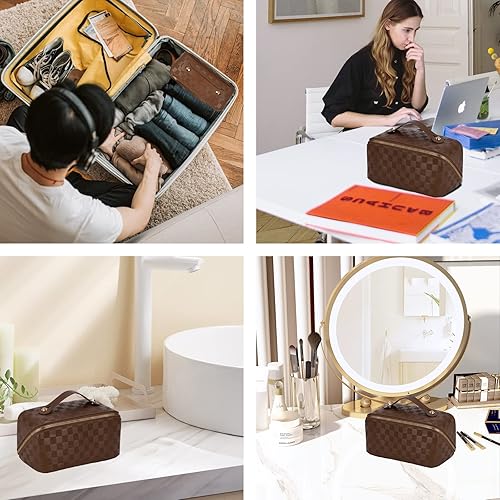 Miniatura 4 de Bolsa de cosméticos - bolsa de cosméticos con patrón de verificación - bolsa portátil impermeable para el cuidado de la piel - bolsa de cosméticos