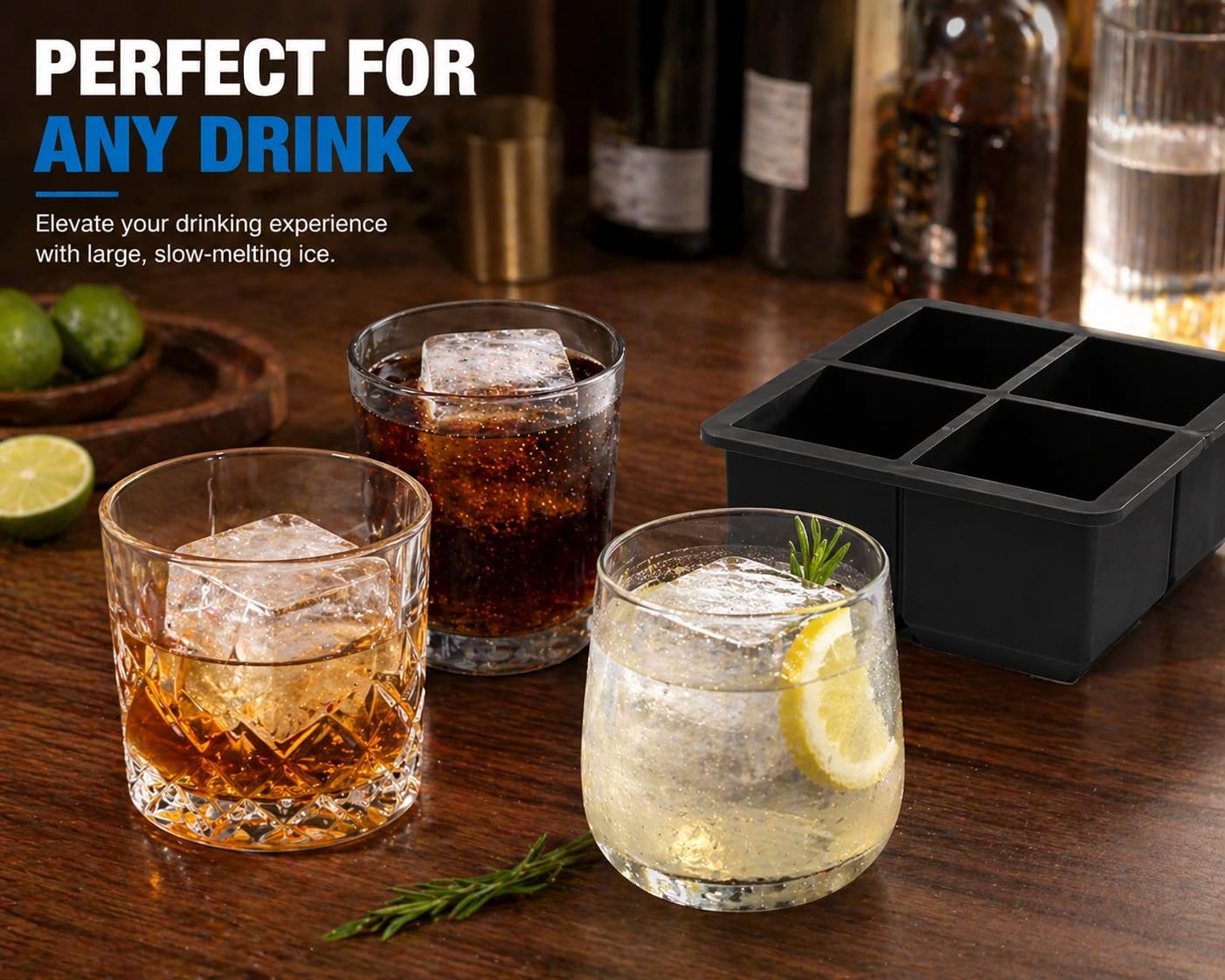 2 Inch Large Silicone Ice Cube Tray, 8 Big Ice Cubes, 2 Pack Square Ice Cube Mold for Whiskey Bourbon Cocktails, BPA Free Ice Maker Tray, Easy Release Reusable Freezer Tray(4 Cube)