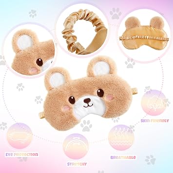 Geyoga 3 Pcs Kids Sleep Mask, Bear,Rabbit,Cat, Colorful | Soft Plush Sleeping Eye Masks for Girls, Cute Animal Shape Blindfold, Adjustable Strap for Travel, Light Blocking Comfort
