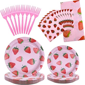 Strawberry Plates Set, 121pcs Strawberry Party Tableware Set, Delicate And Lovely, Suitable For Party, Baby Birthday Use, Strawberry Party Plates For 30 Guests Pink Strawberry