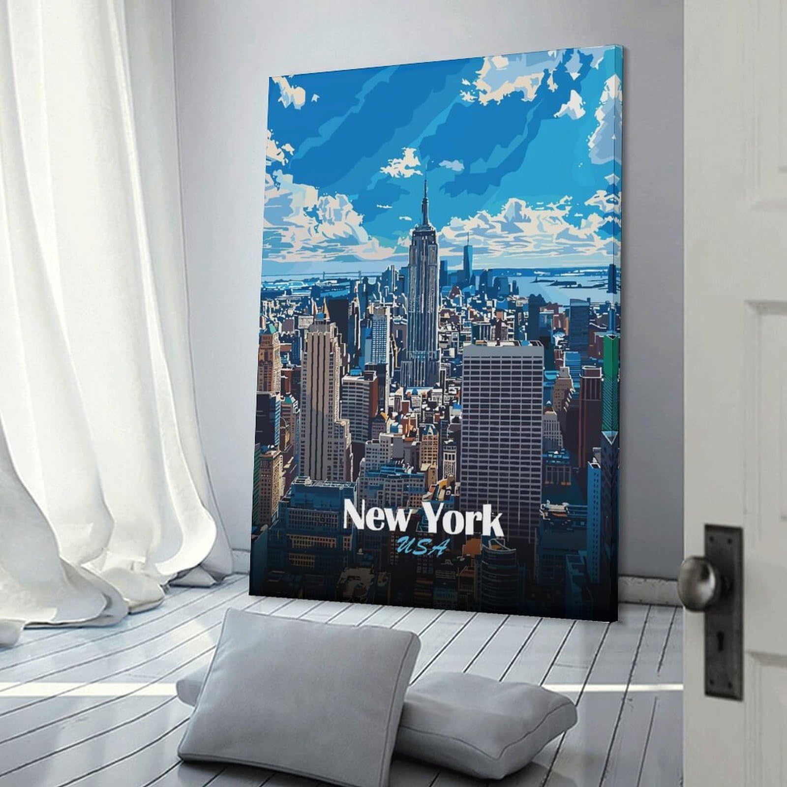 Junmoney Frame-Style New York City Skyline Illustration Wall Picture Print 12X18inch(30X45cm), For Corridors, Hallways Or Apartment Entries, Decorative Canvas Styling For Entry Areas