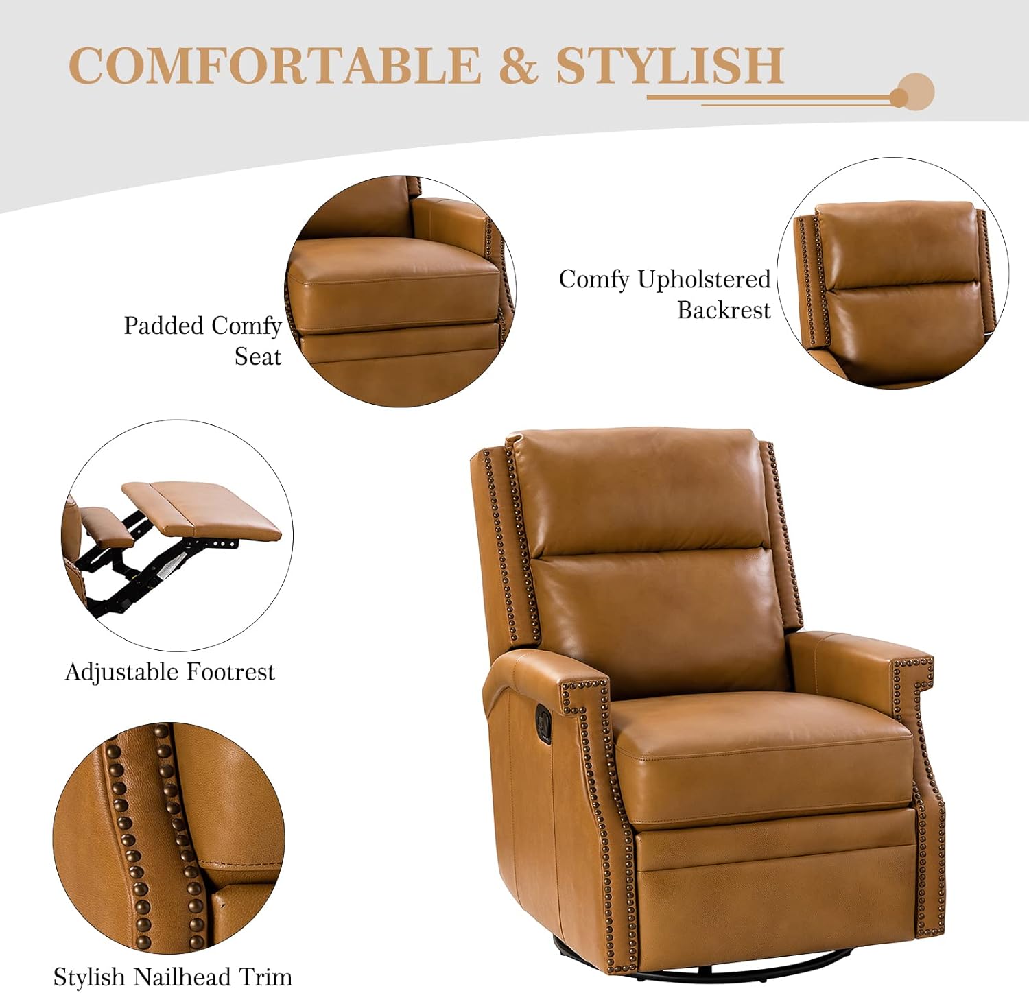 HULALA Home Genuine Leather Swivel Rocker Recliner Chair for Living Room, Manual Glider Recliner with Adjustable Backrest & Footrest Modern Home Theater Sofa Armchair with Nailhead Trim, Camel