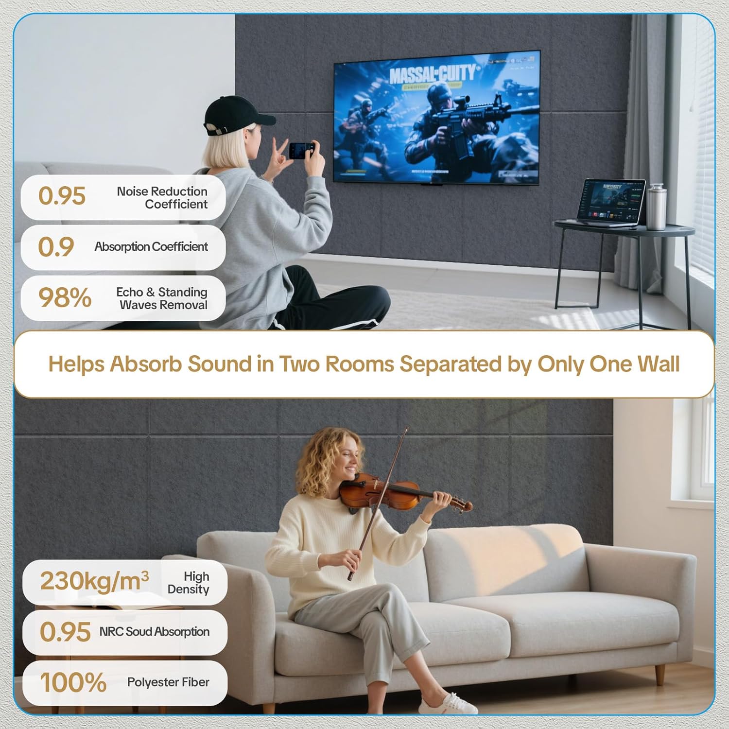 Large Acoustic Self-adhesive Panels, 47.2" X 23.6" X 0.4" Acoustic Wall Panels 6-pack Soundproof Panels High Density Panels Acoustic Treatment for Recording Studio, Office,Dark Grey