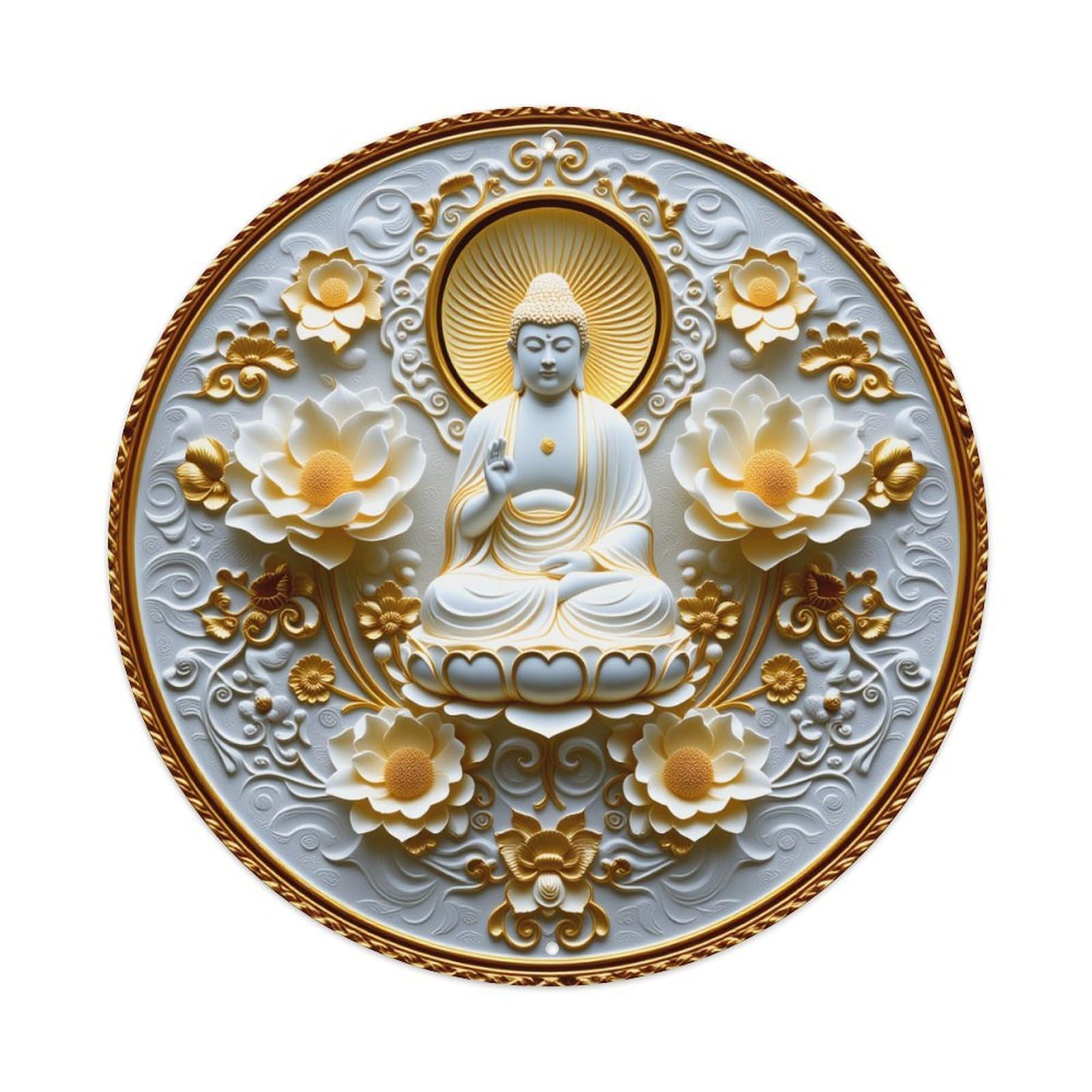 Buddha Lotus Floral Ornament Design Round Tin Sign Vintage Style Metal Sign Home Bar Garden Wall Plaque Decor Metal Poster 8x8 Inch