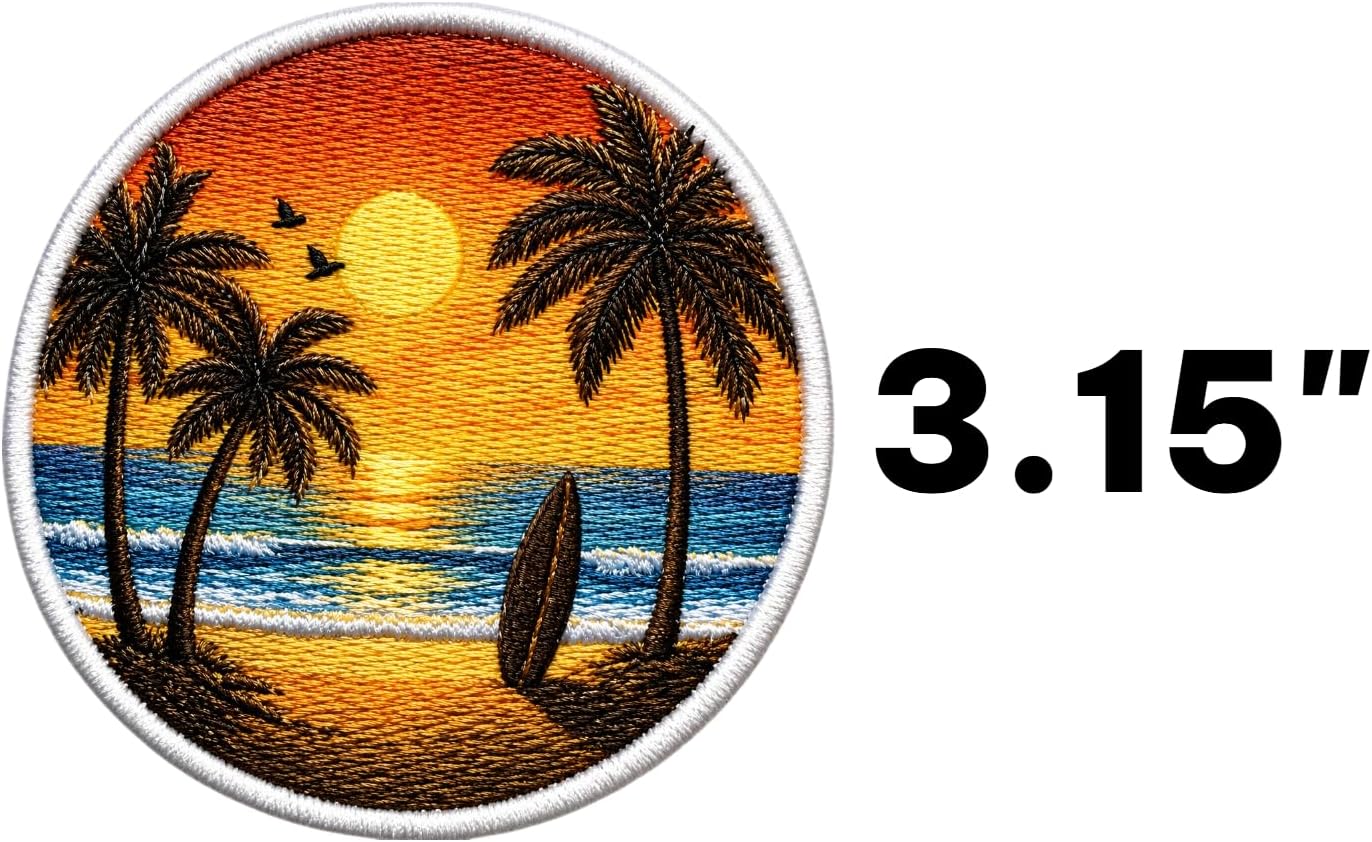 Palm Tree Surf Iron-On Patch – Beach Sunset Ocean Embroidered Patch for Jackets, Backpacks, Hats – Tropical Summer Surfing Patch DIY Clothing Applique image 2