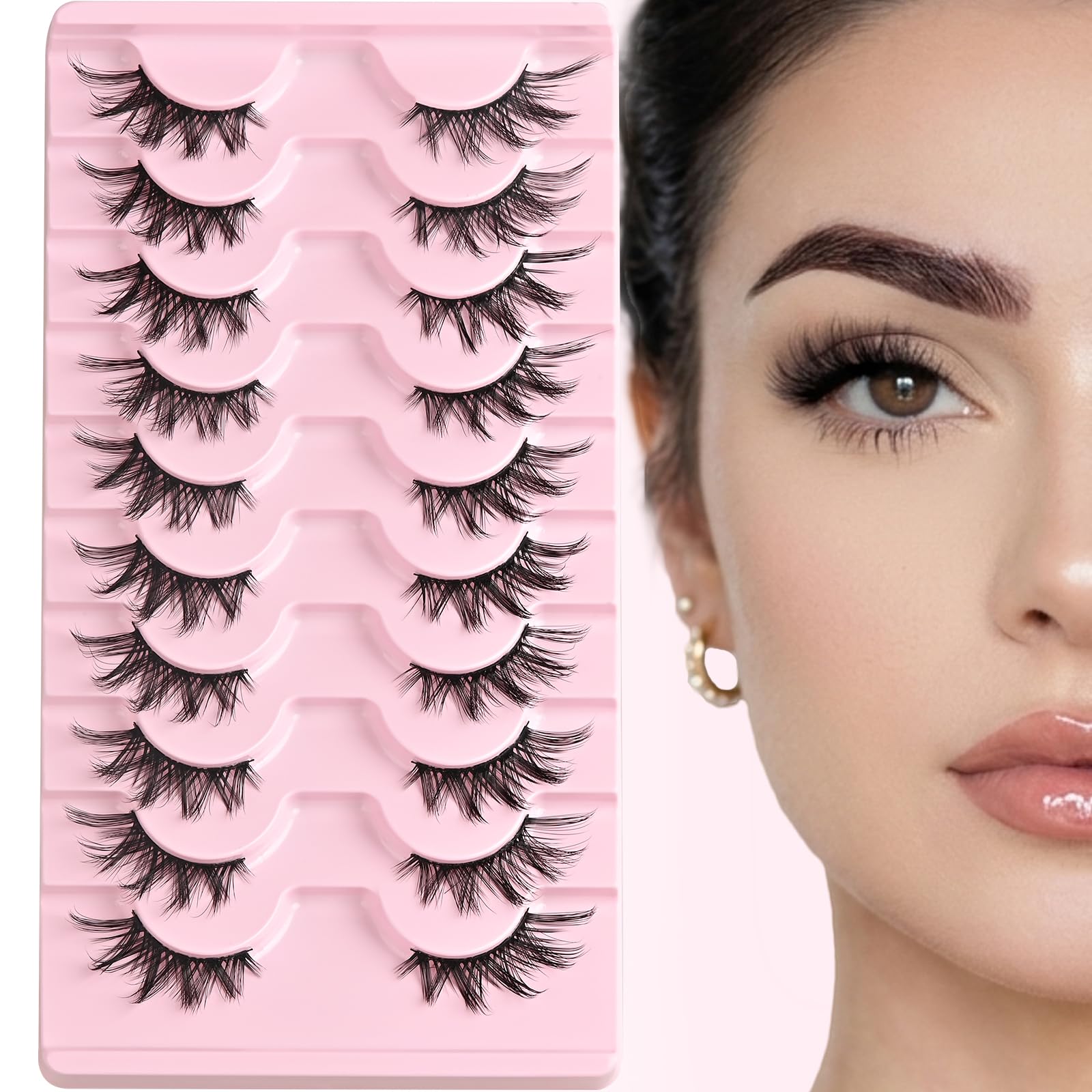 FARRED Halbe Wimpern, natürliche, künstliche Wimpern, Wispy Cat Eye-Streifen, Wimpern, 10 Paar, Kunstnerz, für tägliches Make-up (C10, 8–15 mm)