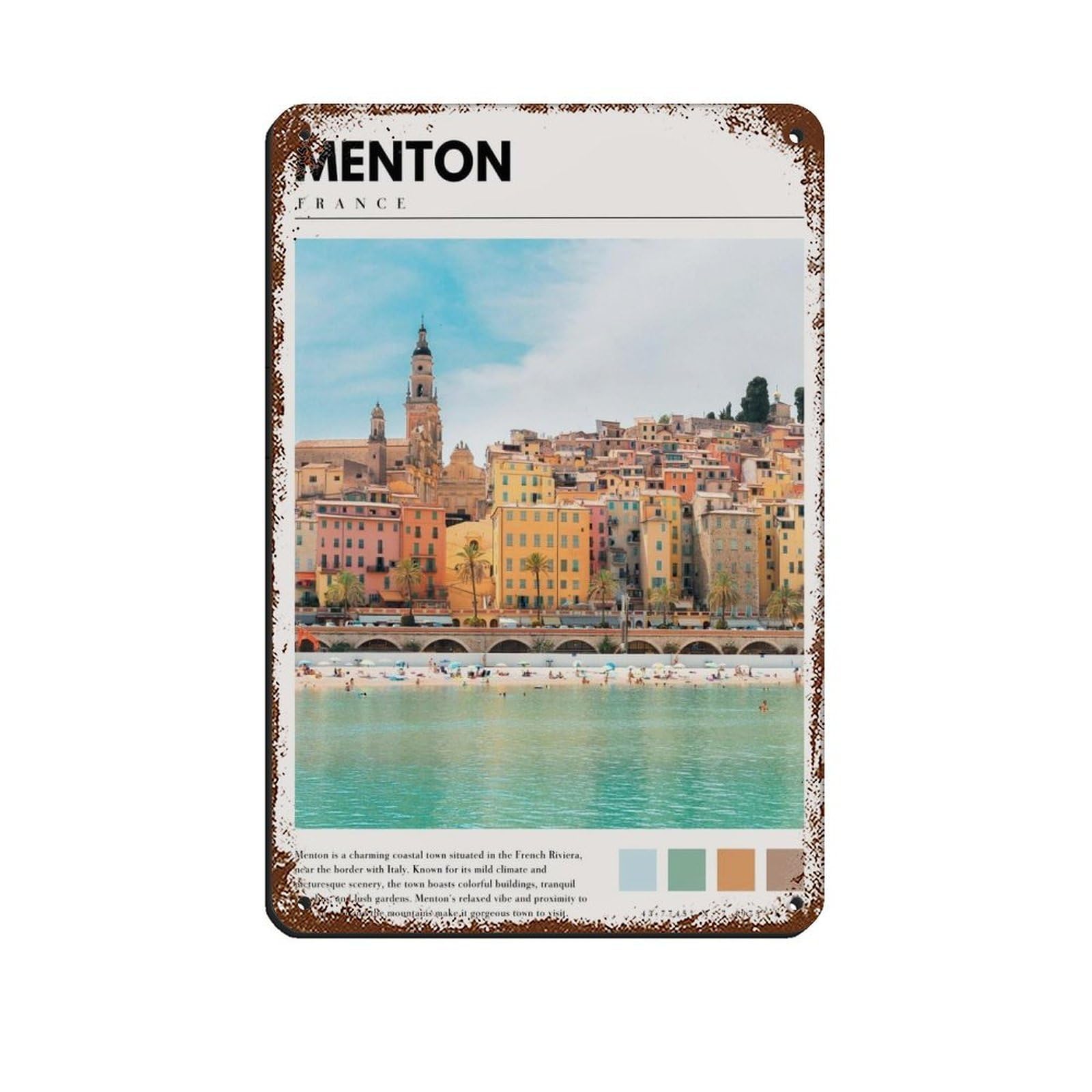 Menton France Poster French Art Tin Sign Vintage Metal Pub Club Cafe Bar Home Wall Art Decoration Poster Retro 8x12inch(20x30cm)