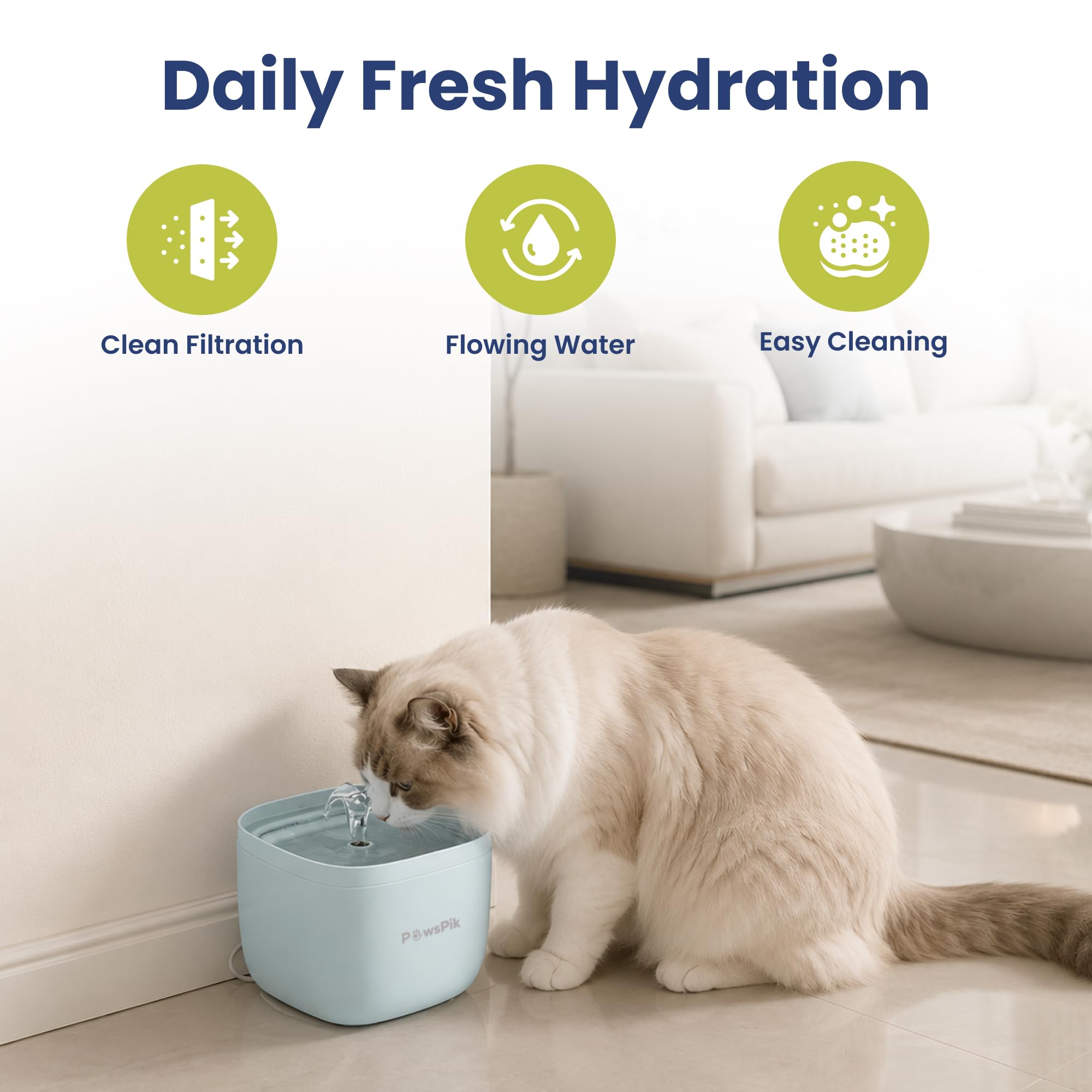 PawsPik PURE-01 Fuente de agua automática para mascotas, dispensador de agua filtrada para gatos y perros pequeños, gran capacidad, diseño de agua fluida para una hidratación saludable