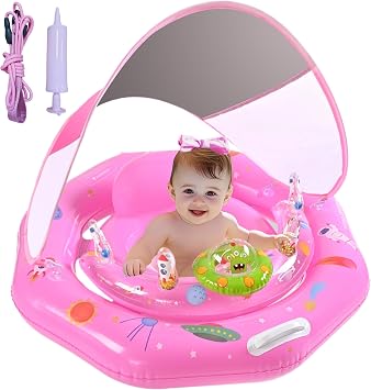 Baby Pool Float with Canopy UPF50+ Sun Protection, Inflatable Infant Pool Float with Adjustable Safety Seat & Toy Play Console,Baby Floatie for 6-36 Months Boys & Girls,Safety Handles & LeashesPink