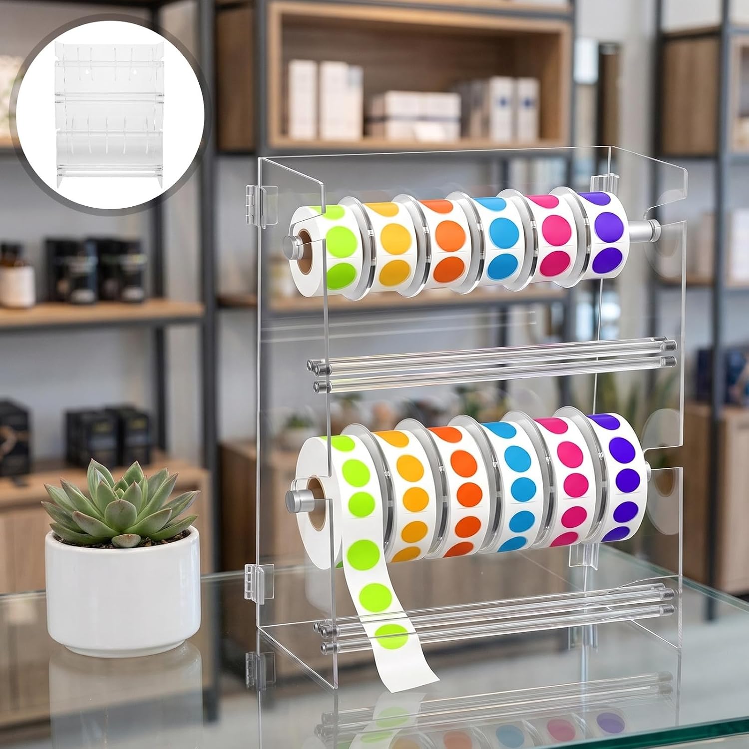 Adjustable Acrylic Sticker Roll Dispenser with 2-Tier 12 Disks