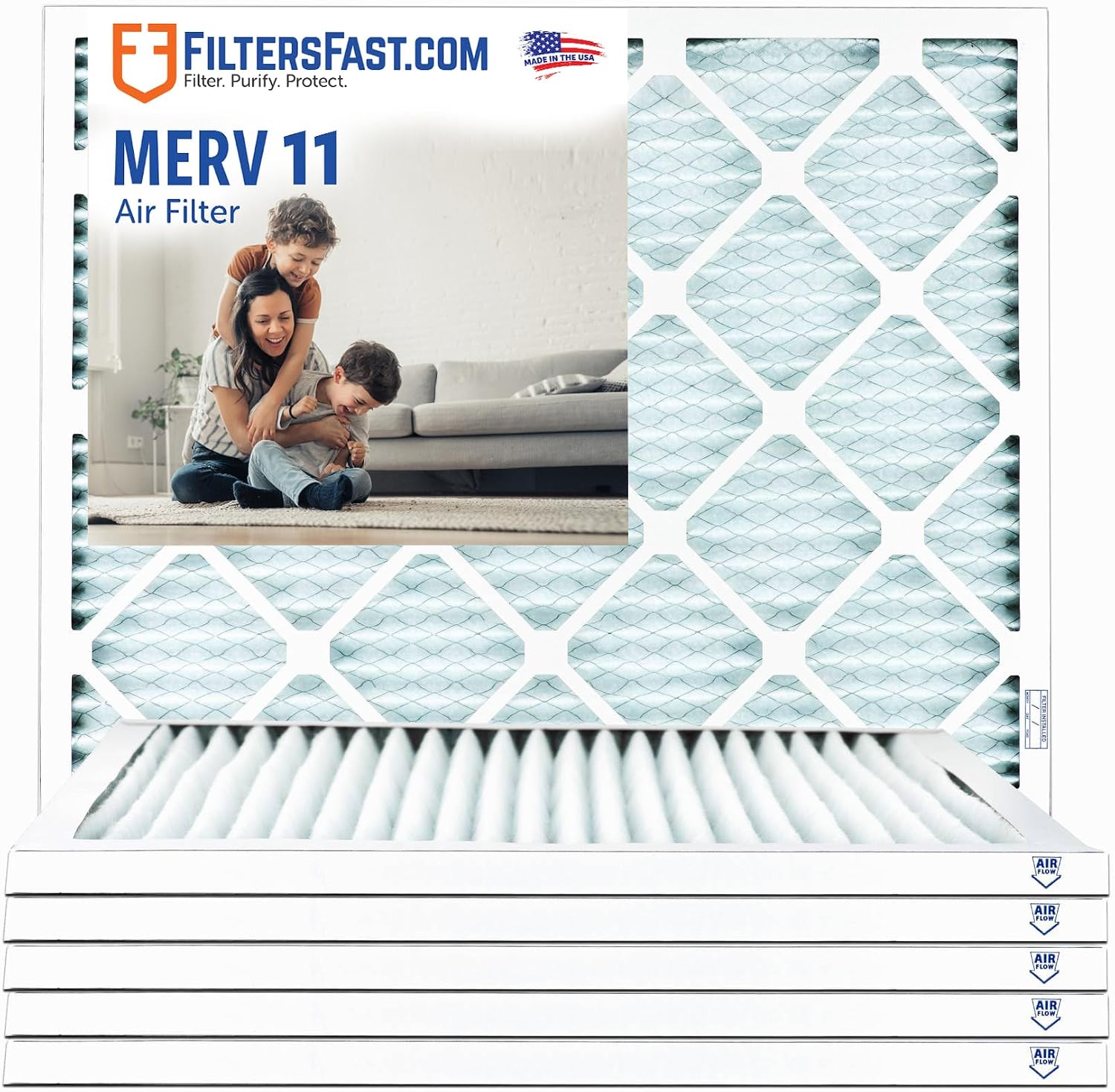 Filters Fast 10x10x1 Air Filter MERV 11, 1" AC Furnace Air Filters, Made in the USA, Actual Size: 9.75"x9.75"x0.75, 6 Pack
