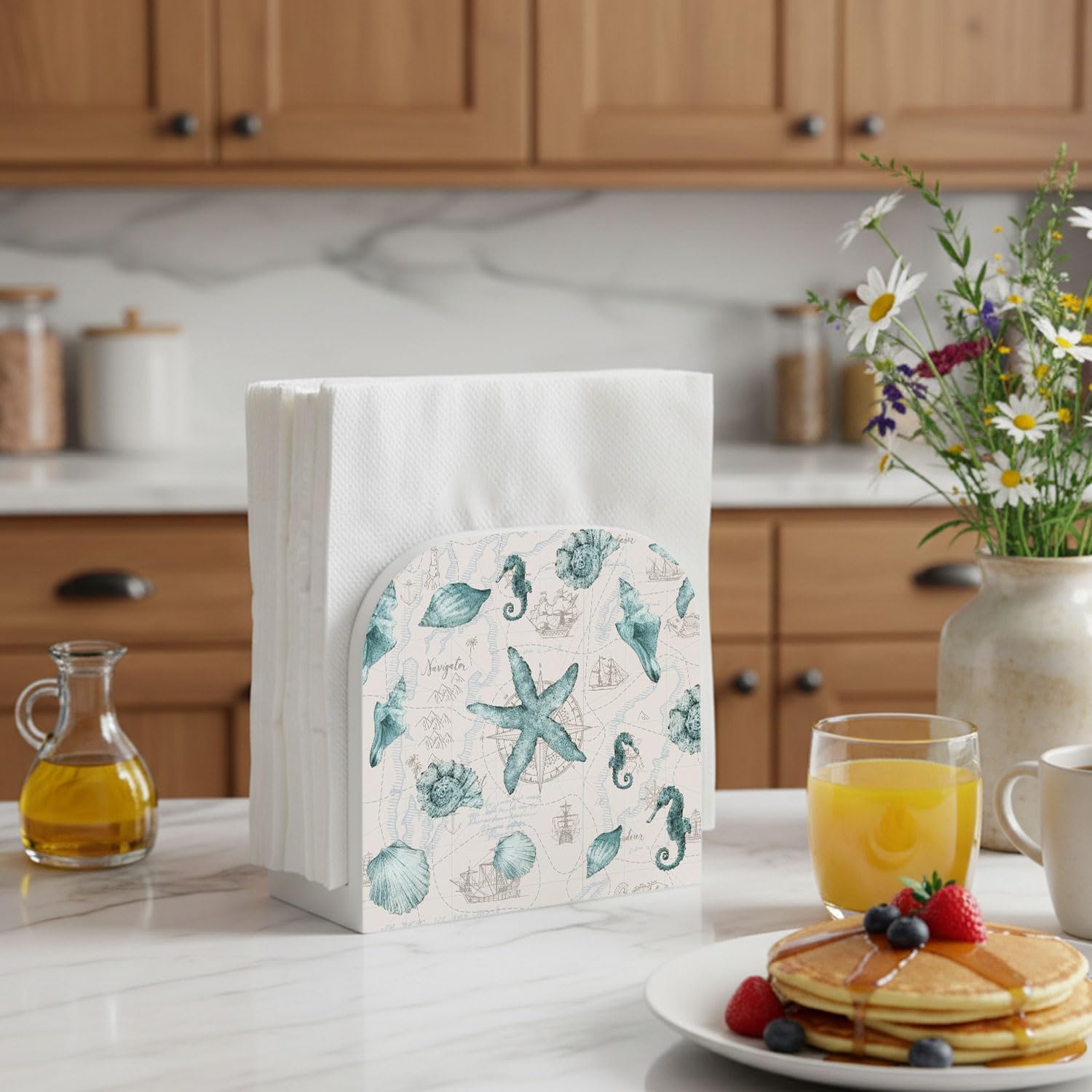 Nautical Coastal Beach Wood Napkin Holder, Ocean Starfish Seashell Seahorse Wooden Standing Napkin Dispenser for Table Kitchen Dining Room Home Beach House Cabin Decorations