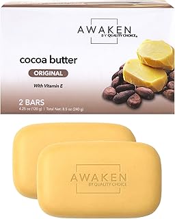 Awaken Cocoa Butter Bar Soap with Vitamin E, Moisturizing Body and Face Cleanser, Gentle Daily Bath Soap with Rich Creamy Lather, Nourishing Skincare Bars