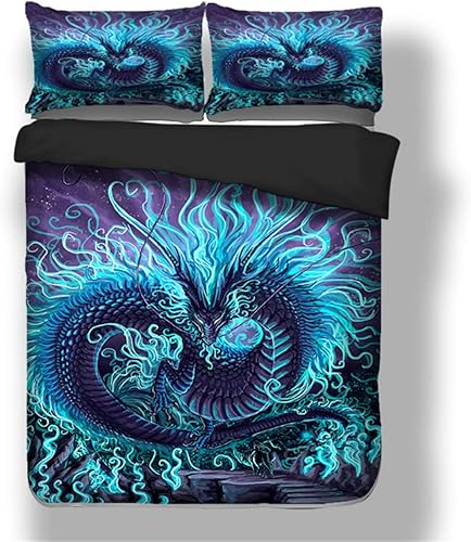 Juego de ropa de cama de dragón azul 3D, juego de funda de edredón con fundas de almohada, sábanas de cama individual y king (individual de EE. UU.)
