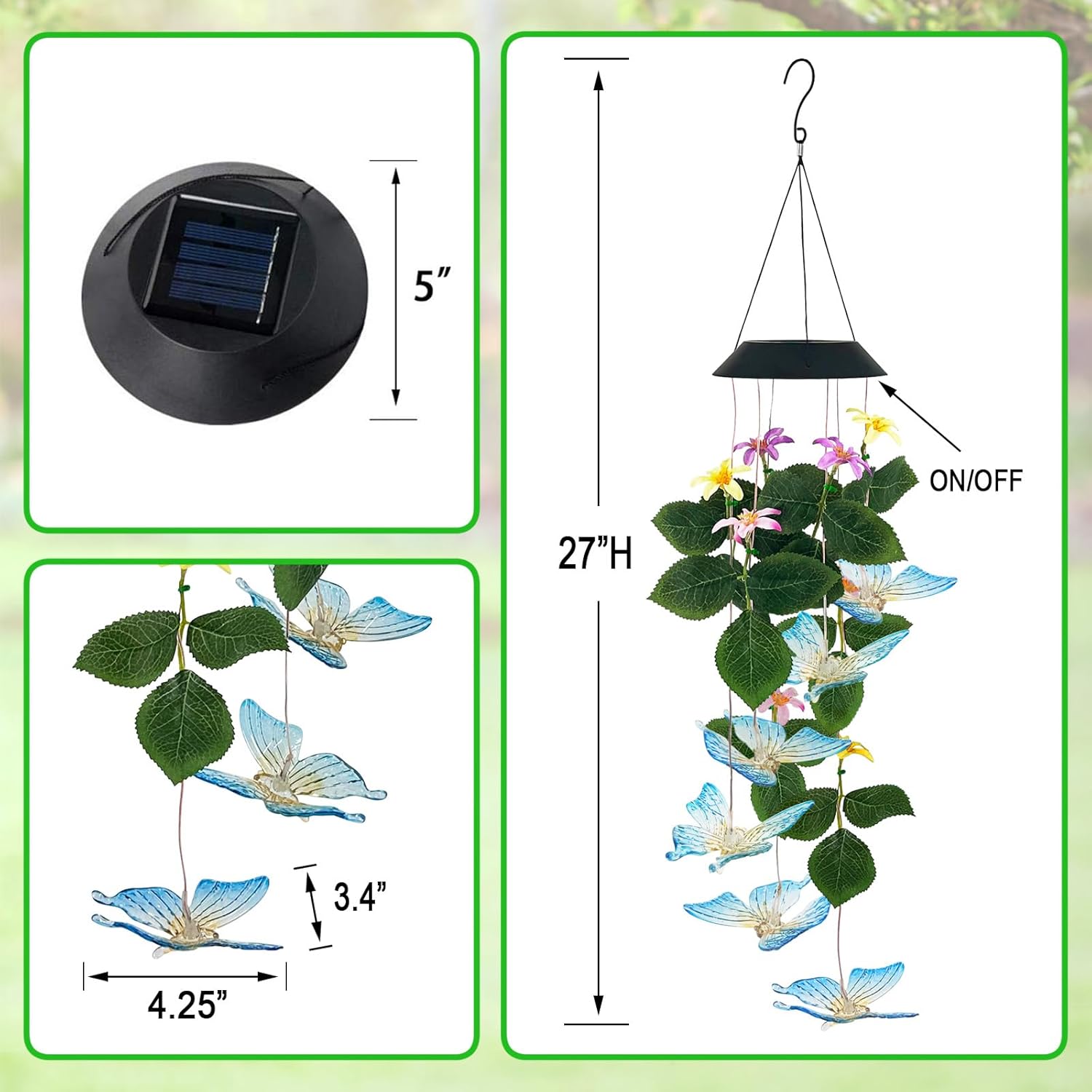 Butterfly Solar Wind Chimes Outside,Color Changing Solar Lights Dangler Mobiles for Outdoor,Hanging Decoraition for Patio,Porch,Yard,Gifts for Women