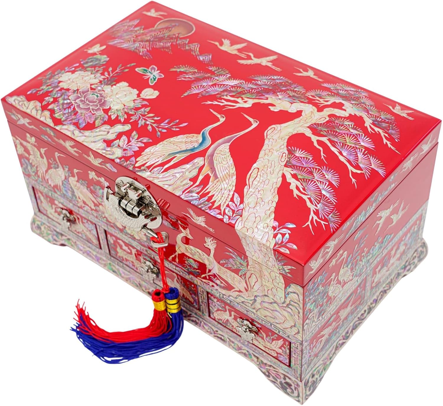 February Mountain Lockable Korean Mother-of-Pearl Jewelry Box - Najeon Chilgi Lacquerware with Crane and Floral Design, Vibrant Red Finish, Handmade