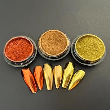 3 Jars Gold Chrome Nail Powder Kit - Metallic Mirror Effect Nail Art for Gel Polish, Gold Copper Set Copper