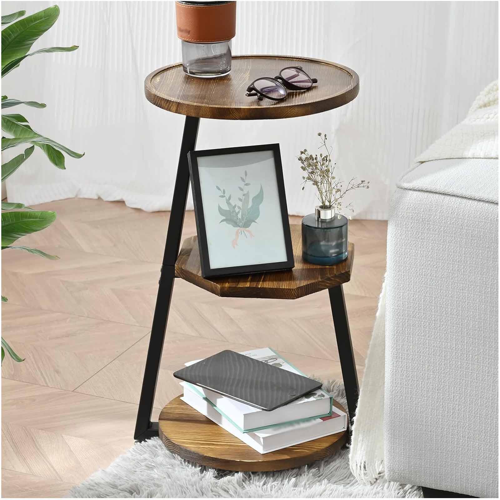 SXZenSpace Small Round Side Table End with Solid Wood Tray Top Metal Frame, 3-Tier Accent Couch Beside Table, Nightstand for Bedroom Living Room,Brown