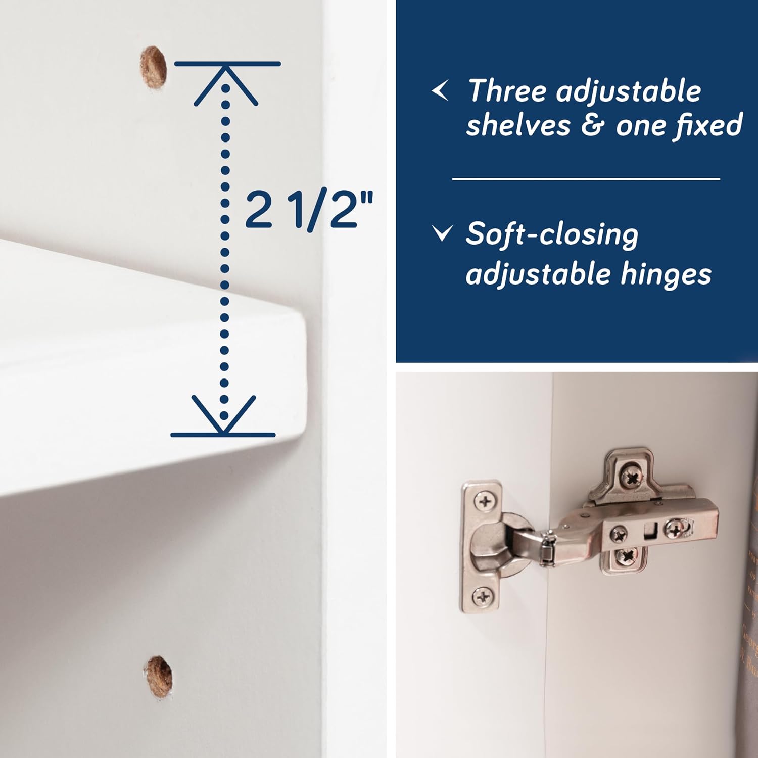 Close-up of adjustable shelf pin holes and soft-closing hinge