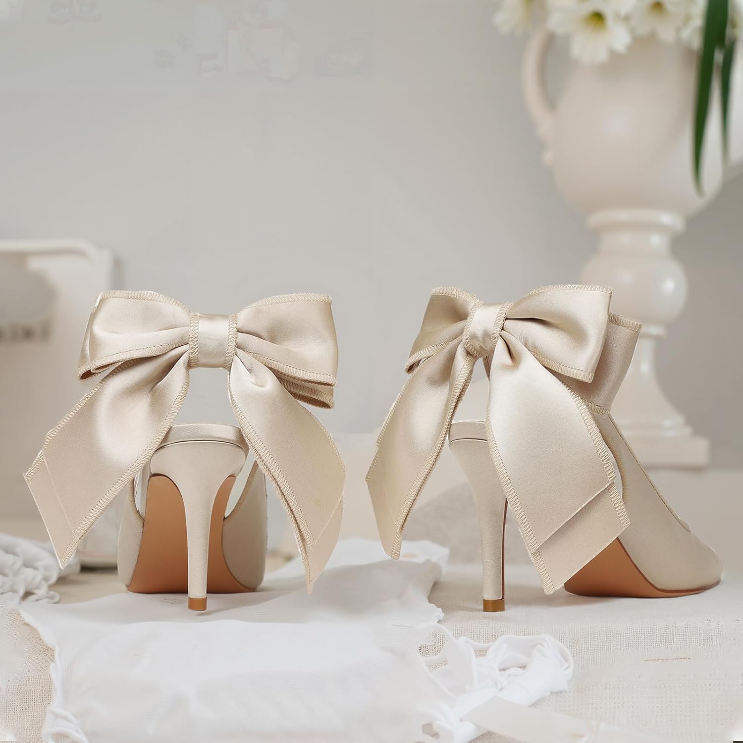 Mattiventon Slingback Heels for Women Pointed Closed Toe Stiletto Heels with Bow Tie Wedding Shoes for Bride Satin Prom Party Dress Pumps - Image 3