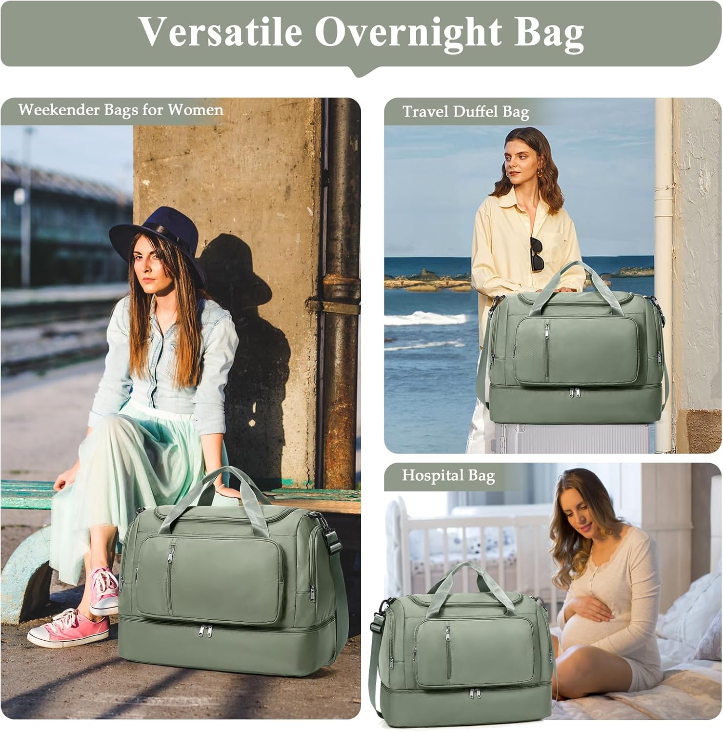 Travel Duffle Bag, Weekender Bags for Women,Carry On Overnight Personal Item Travel Bag with Shoes Compartment,Olive Green - Image 7