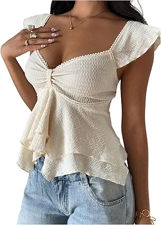 RoseSeek Women's Flowy Going Out Tank Top Sweetheart Neck Cap Sleeve Summer Ruffle Crop Top